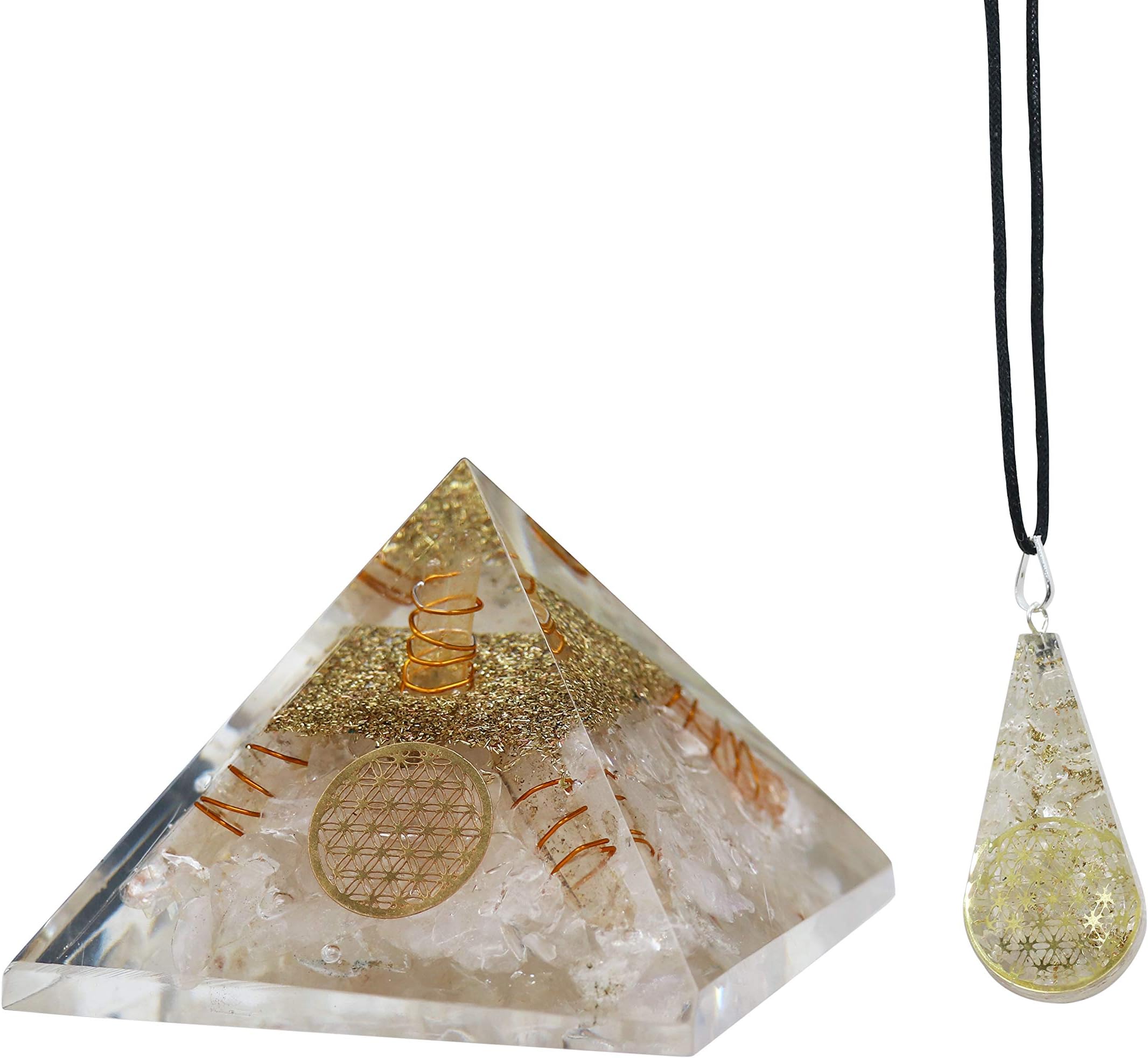 FASHIONZAADIClear Quartz Crystal Pyramid & Pendant With Flowers of Life Symbol For Chakra Balancing Stone Reiki Healing Crystal Positive Energy Necklace Living Room And House Decor Gift Set
