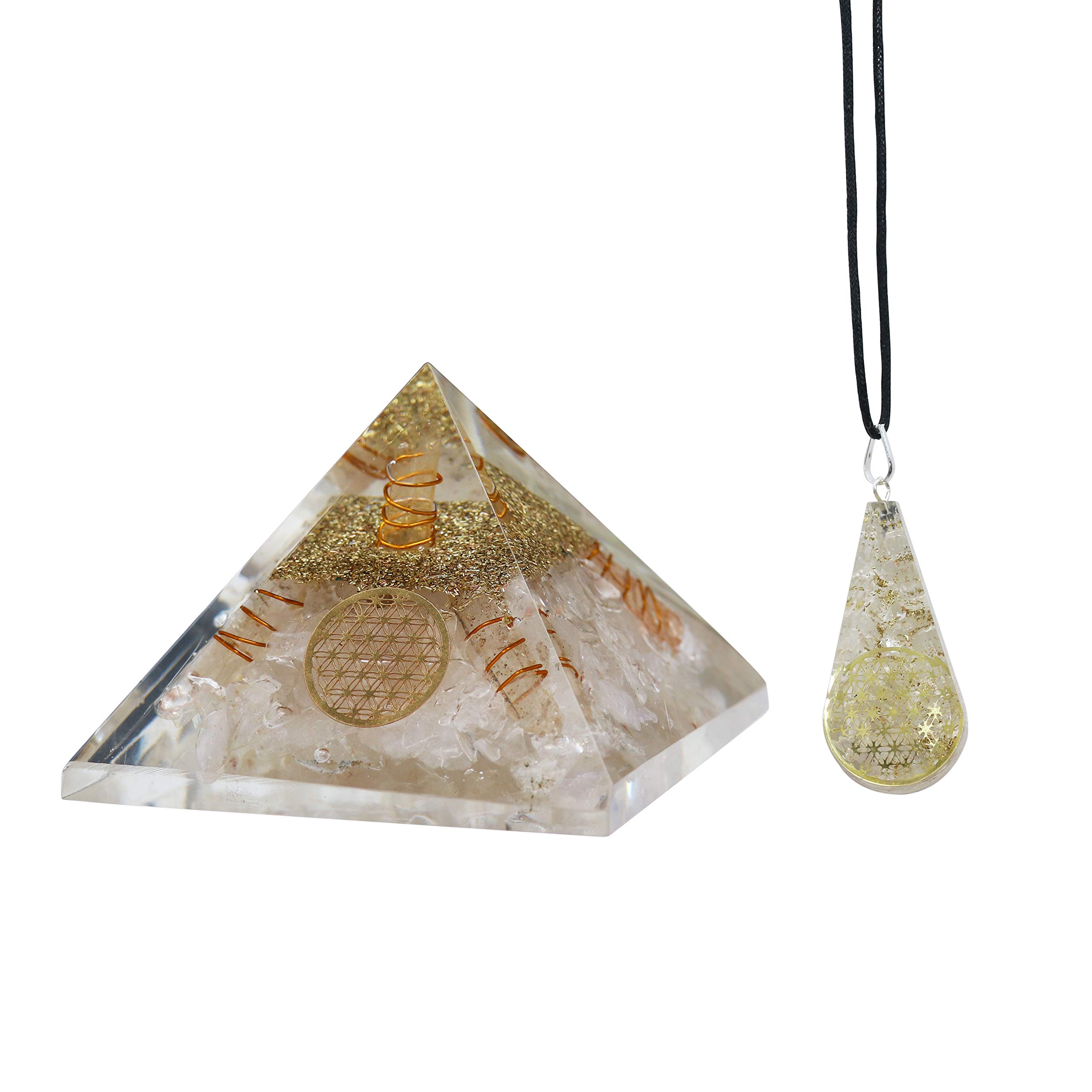 FASHIONZAADIClear Quartz Crystal Pyramid & Pendant With Flowers of Life Symbol For Chakra Balancing Stone Reiki Healing Crystal Positive Energy Necklace Living Room And House Decor Gift Set