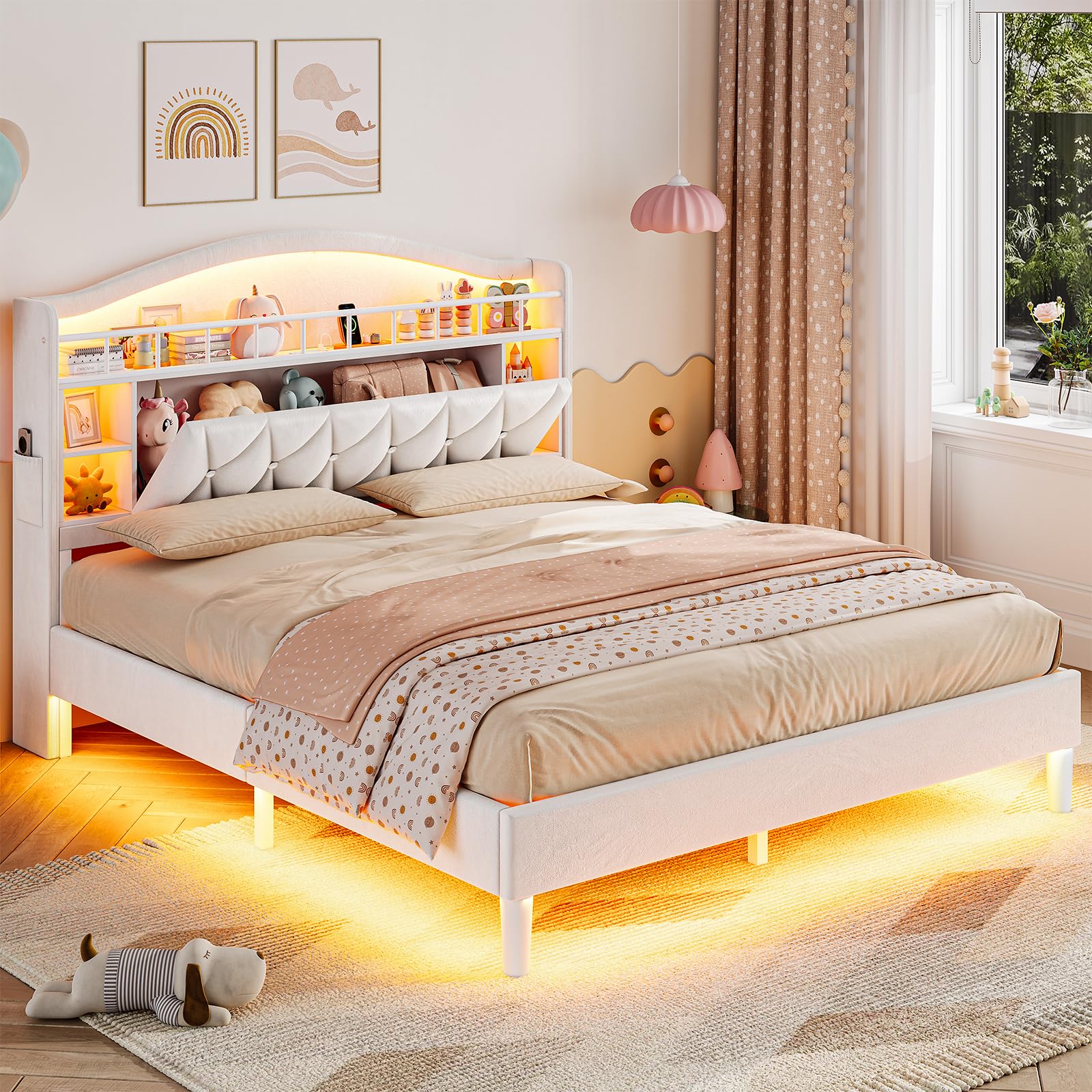 ADORNEVE Full Bed Frame with LED Lights, Princess Velvet Upholstered Platform Bed for Girls, Headboard with Charging Station & Guardrail & Crystal