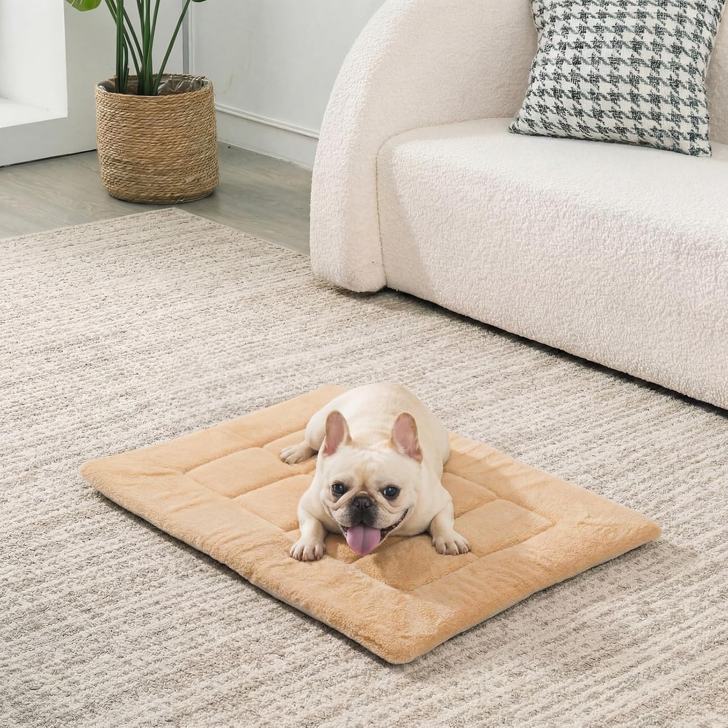 Dunzy 2 Pack Dog Bed Mat 24x18 Memory Foam Pet Crate Pad Orthopedic Dog Bed for Small Medium Breed Soft Comfy Faux Fur Linen Reversible Machine Washable Kennel Cozy Sleeping Mat Light Gray Camel