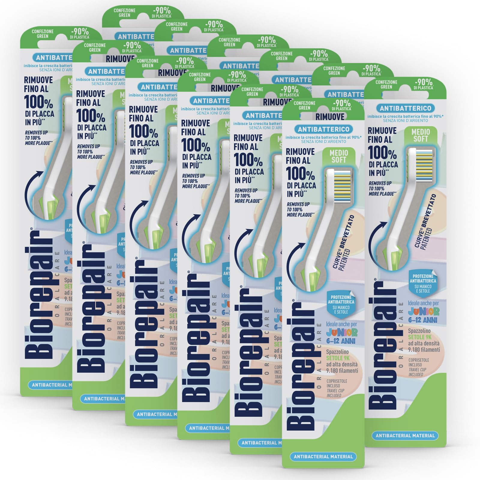 Biorepair, Cepillo de dientes Junior, paquete de 12 unidades, cepillo de dientes para niños de 6 a 12 años, clínicamente probado, con cerdas medio-suaves, forma curva patentada, antibacteriano,