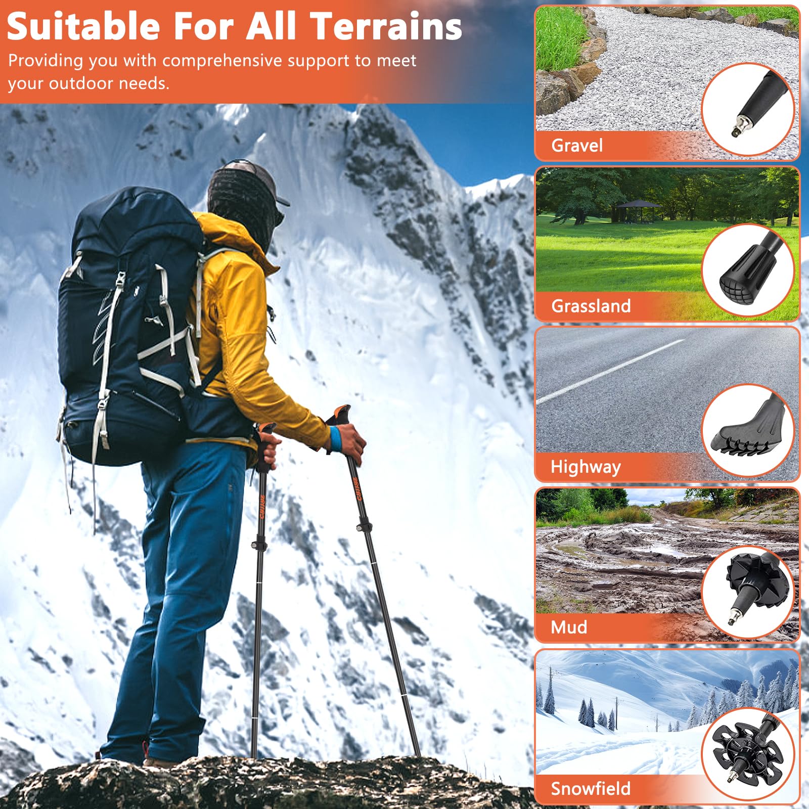 2Pcs Bastoni Trekking Pieghevoli, Bastoncini Trekking in 7075 Alluminio, Bastoncini da Trekking, Bastoni da Trekking Nordic, Bastone da Trekking, 108-135 cm Regolabile, per Escursionismo