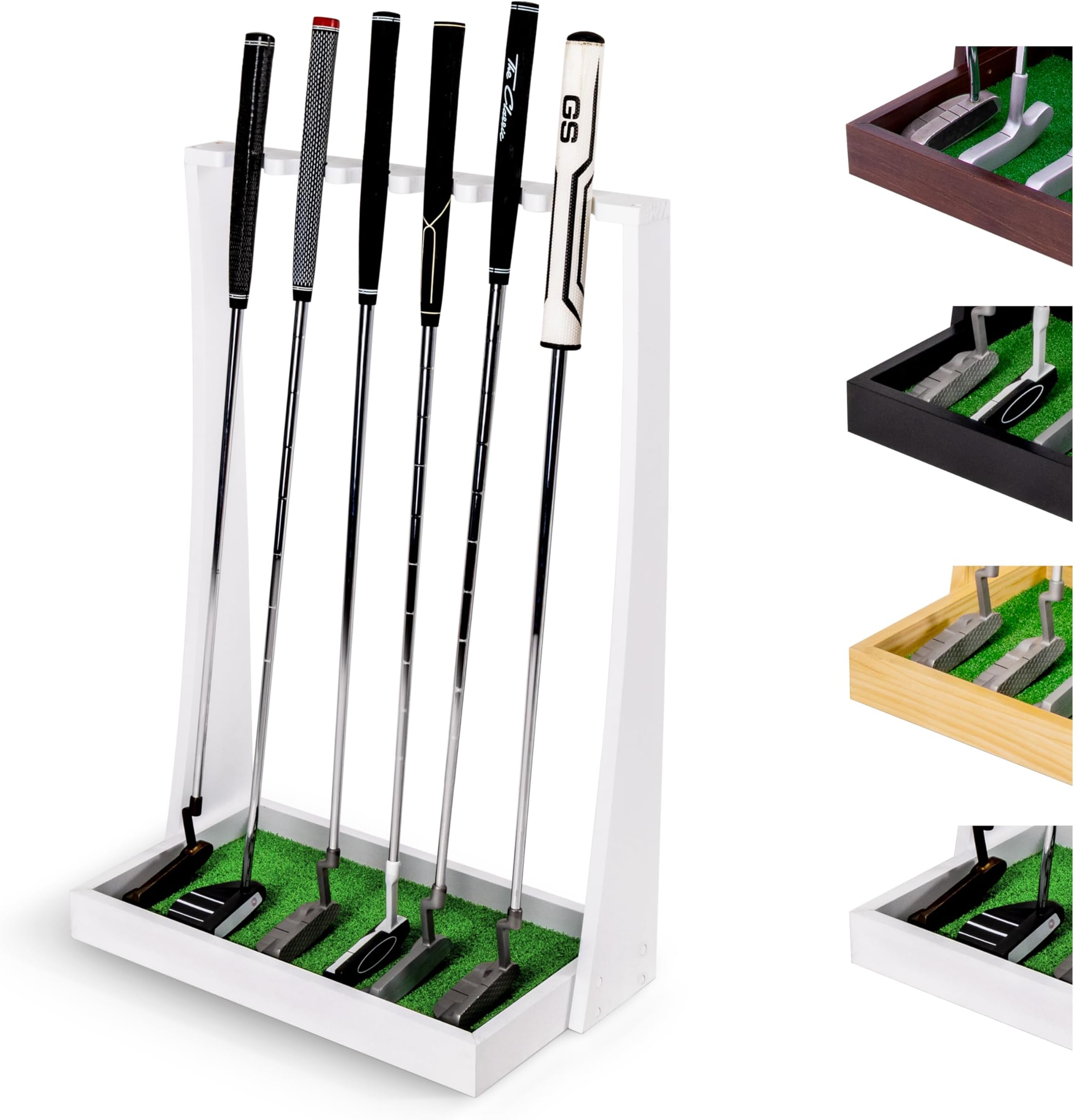 GoSports Premium Wooden Golf Putter Stand - Indoor Display Rack - Holds 6 Clubs - White