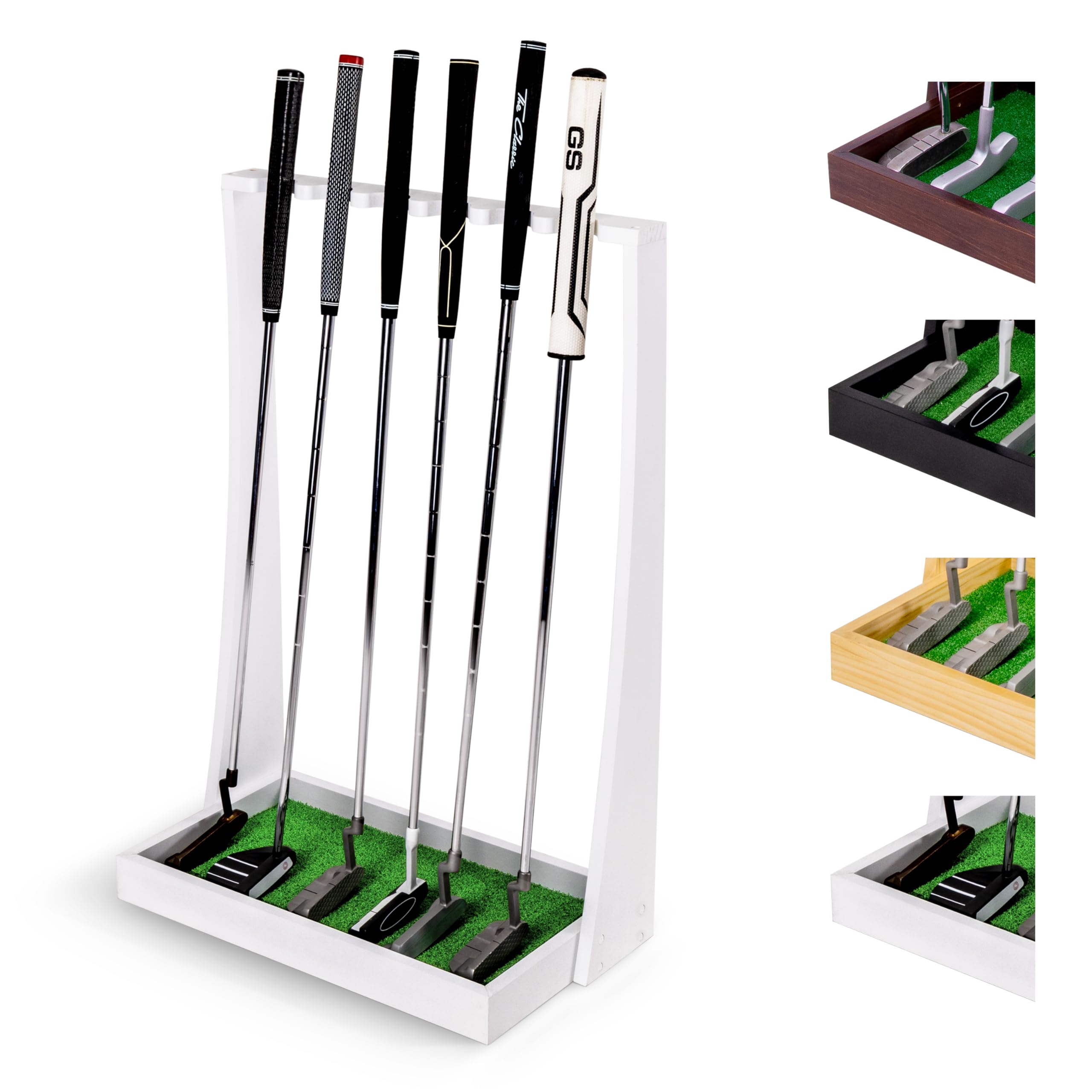 GoSports Premium Wooden Golf Putter Stand - Indoor Display Rack - Holds 6 Clubs - White