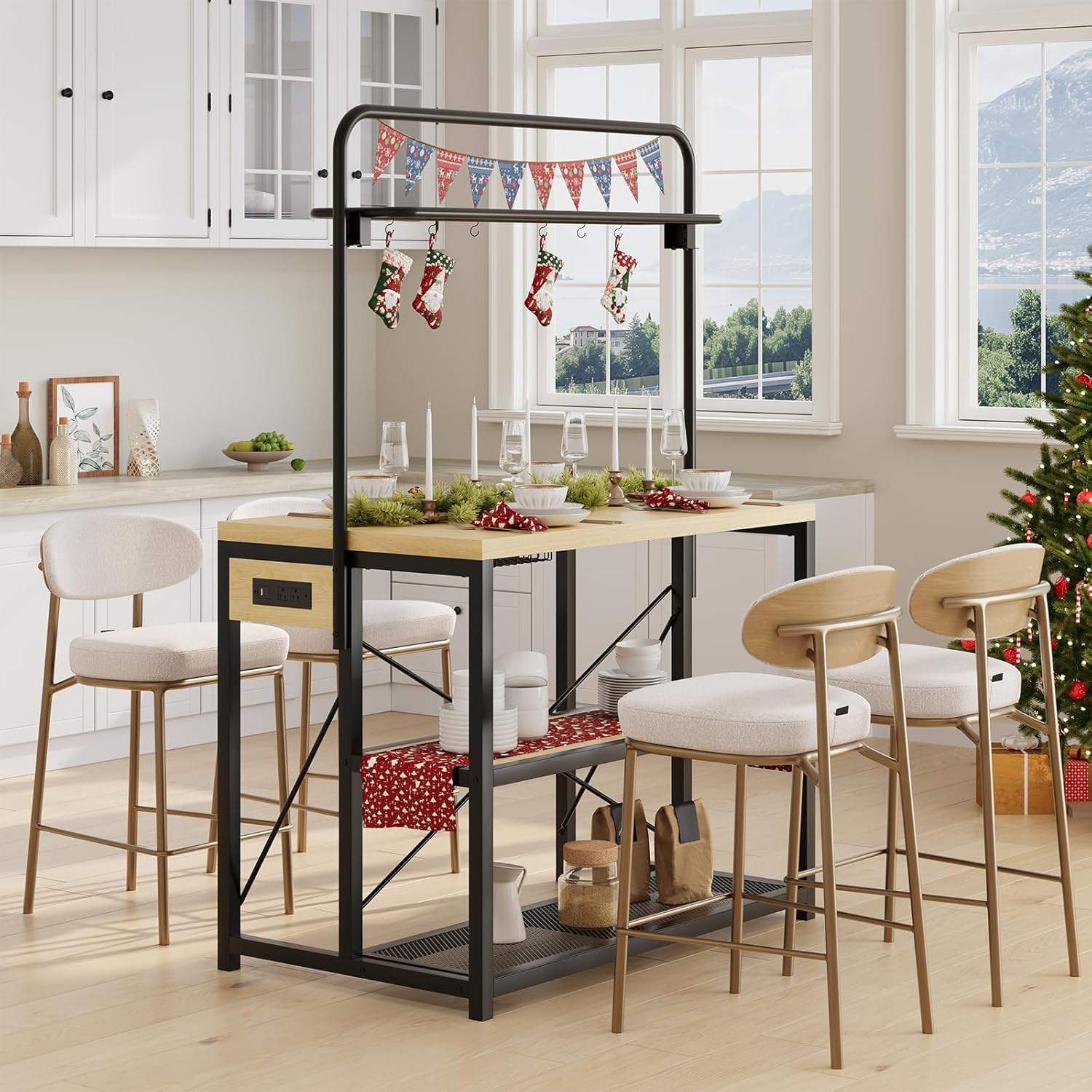 47” Kitchen Island with Storage, Large Bakers Rack with Power Outlet Microwave Oven Stand W/ 3-Tier Shelves & 8 Hooks for Pantry Organization, Metal Coffee Bar Table for Dining Living Room, Natural