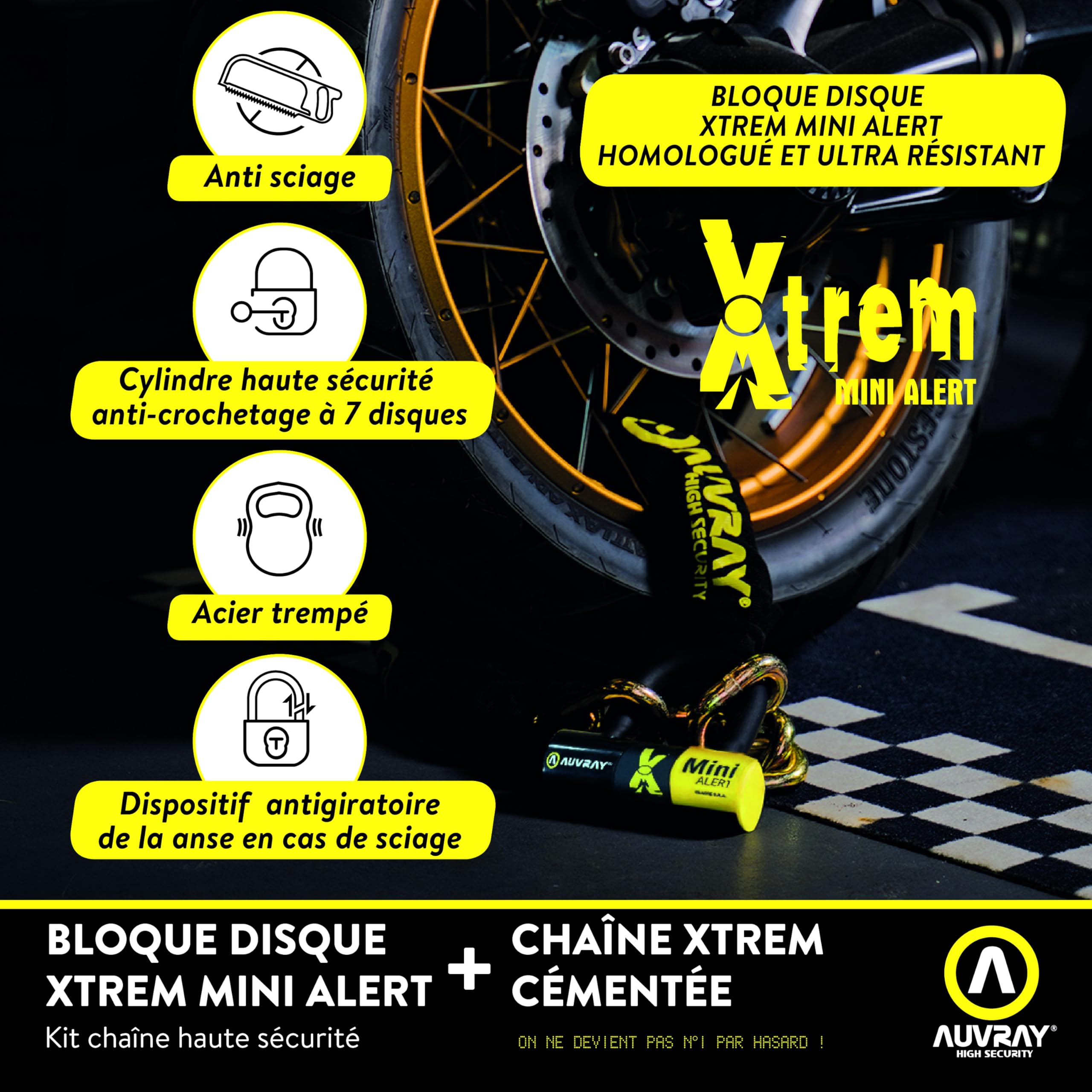 AUVRAY zestaw łańcuch z ogniwem lasso z kłódką XTREM MINI z alarmem - długość 100cm, średnica 13,5mm (klasa S.R.A. oraz ART)