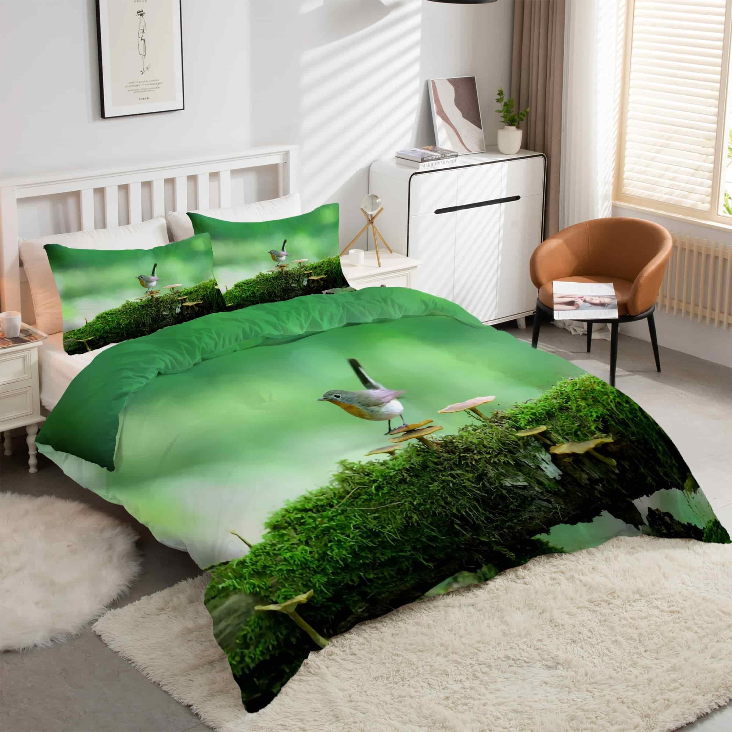 Housse de couette 200x200 oiseau vert | Parure de lit microfibre douce avec fermeture éclair