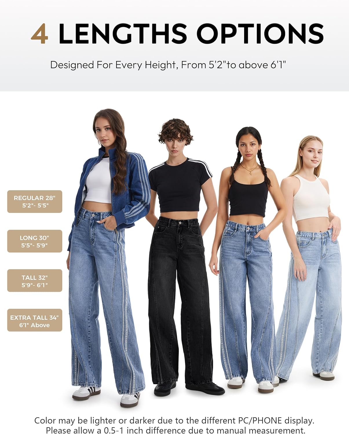 Tapata Women's 28"/30"/32"/34" Wide Leg Jeans Side Stripe Mid-Rise Elastic Waist Denim Pants Trendy Baggy Loose Trousers