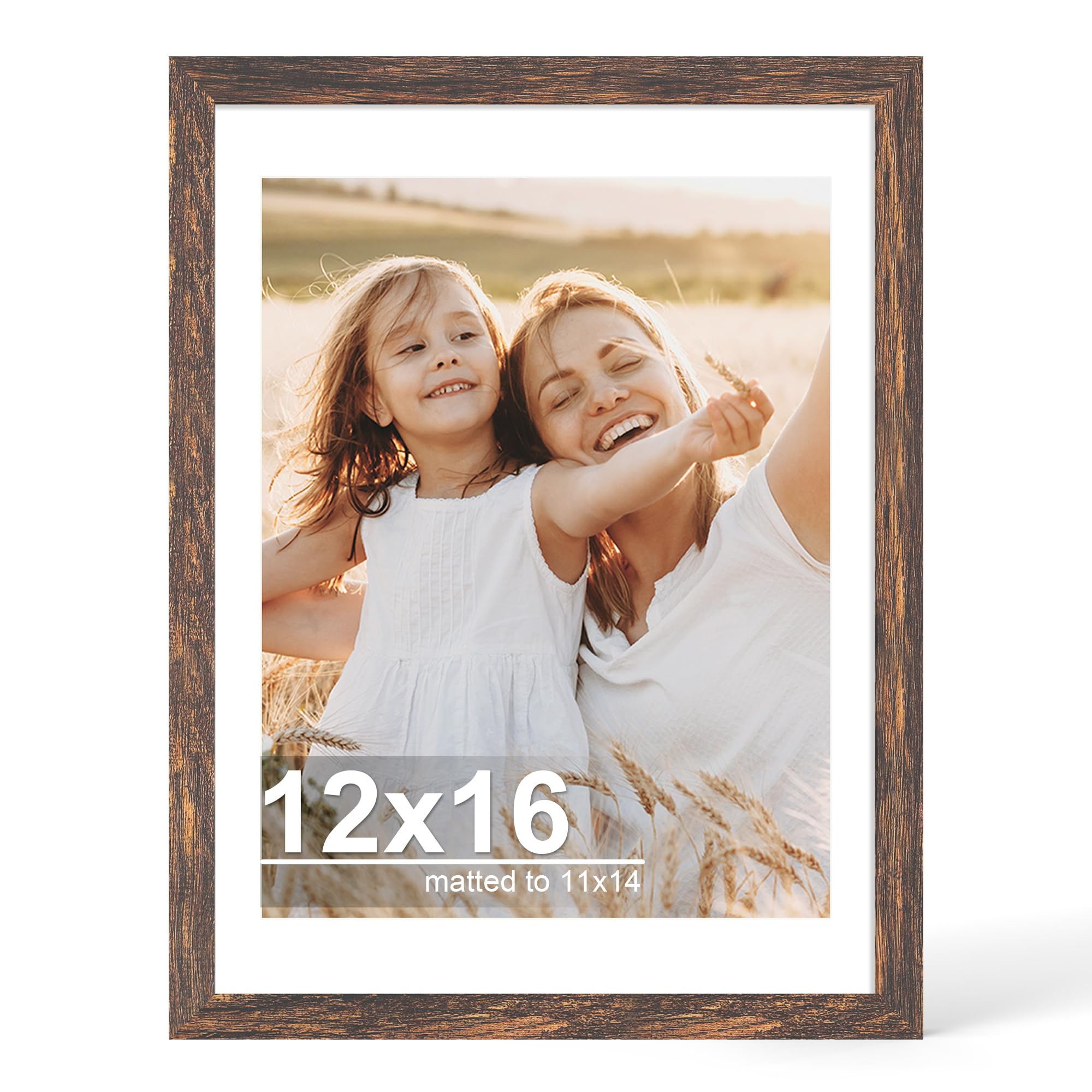 hongkee 12x16 picture frame with glass, display picture 11x14 with mat or 12x16 without mat, 11 by 14 photo wooden frames for wall mounting (rustic brown, 1 pack)