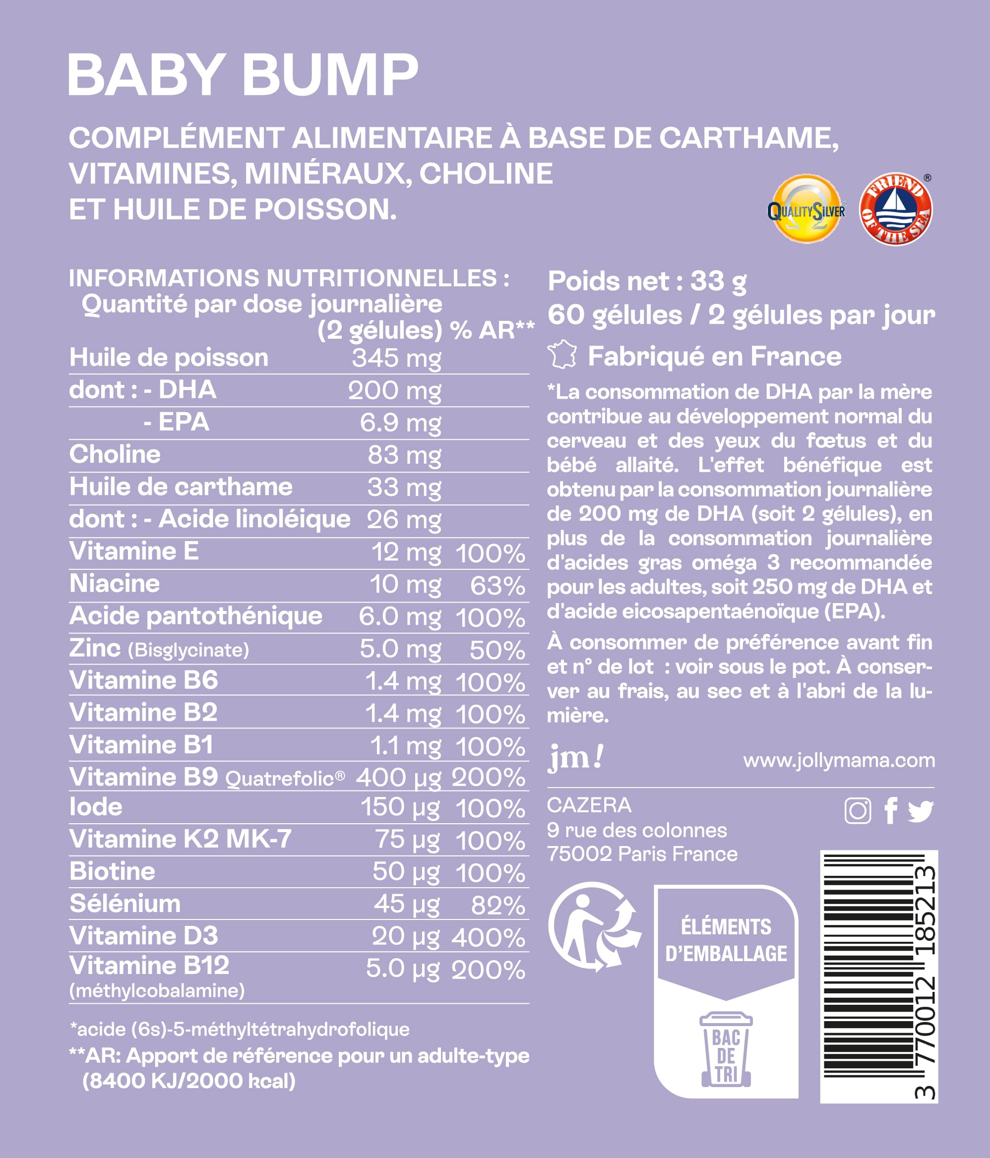 Jolly mama! Baby Bump | Multi-Vitamines Grossesse | Avec DHA, Choline, Vitamine B9 Active Quatrefolic | Fabriqué en France | Cure 1 Mois, 60 Gélules
