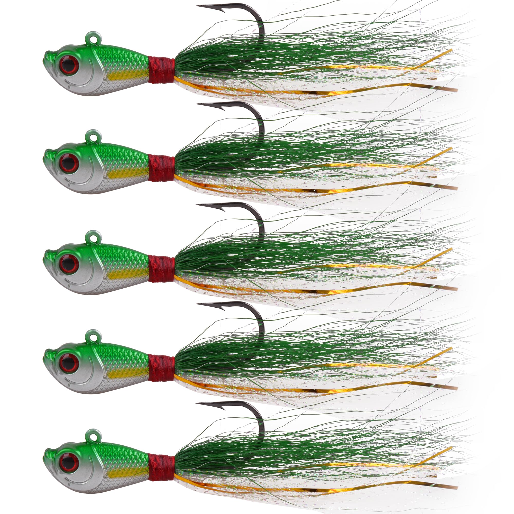 Bucktail Jigs Saltwater Lures,5 Packs Fishing Hair Jig Lure Freshwater Swimbait Jig Head Deer Hair Jigs Surf Fishing Bass Flounder Striper Bluefish Halibut Redfish LB-0.5oz