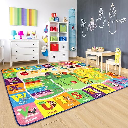 Miniatura 3 de Chicrug Alfombra educativa para niños de 3 x 5 pies para sala de juegos, TPR antideslizante para niños, alfombra de aula para aprender animales ABC,