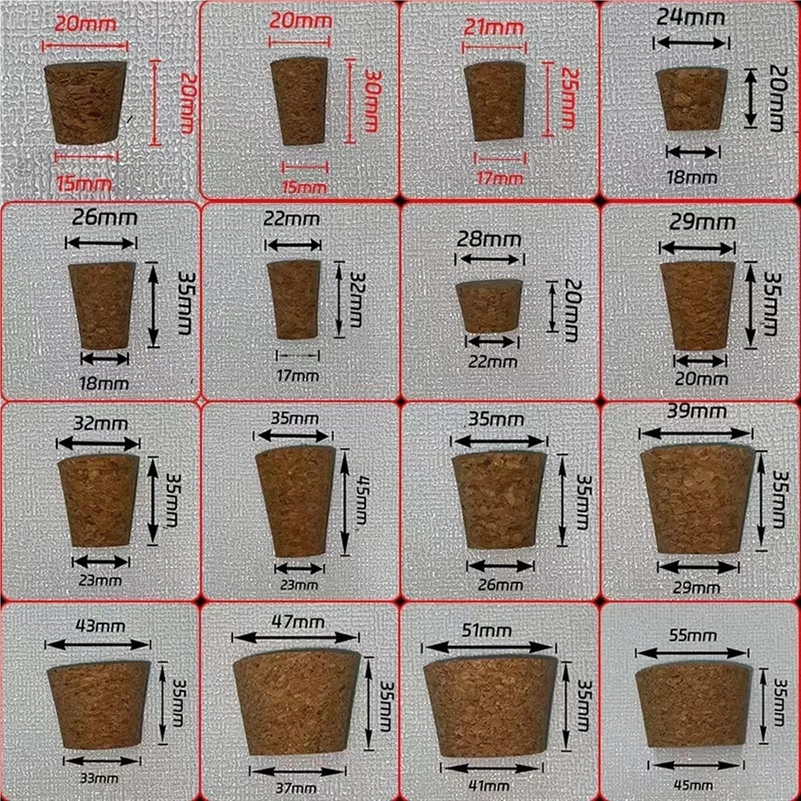 20 tappi per bottiglie di vetro in sughero da laboratorio in legno, diametro da 18 mm a 54 mm, tappo per bottiglia di olio, budino, piccolo tappo per bottiglia di vetro (43 x 33 x 35 mm)