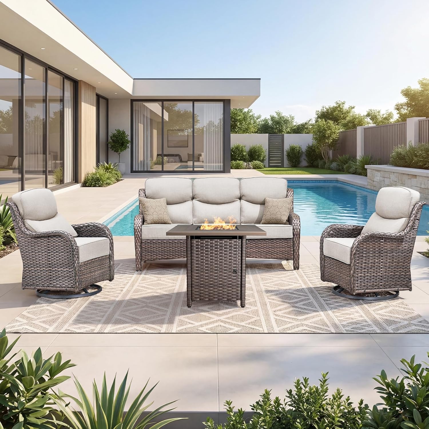 Luxury Patio Furniture Set with 6-inch Thick Cushion, Outdoor Furniture with Fire Pit Table, Swivel Chairs, Sofa, 4pcs Wicker Conversation Set for Deck Yard and Poolside(Beige)
