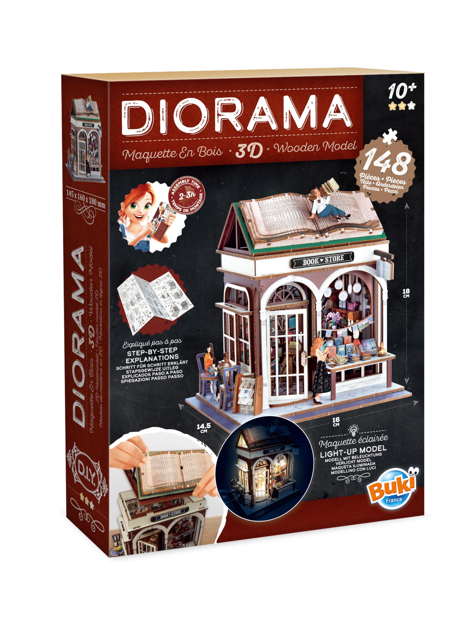 Diorama libreria - Modello di Libreria Miniatura in Legno con LED – Diorama Fai Da Te 148 Pezzi – Kit di Costruzione per Decorazione della Camera – Da 10 Anni – 14,5 x 16 x 18 cm - BUKI Francia