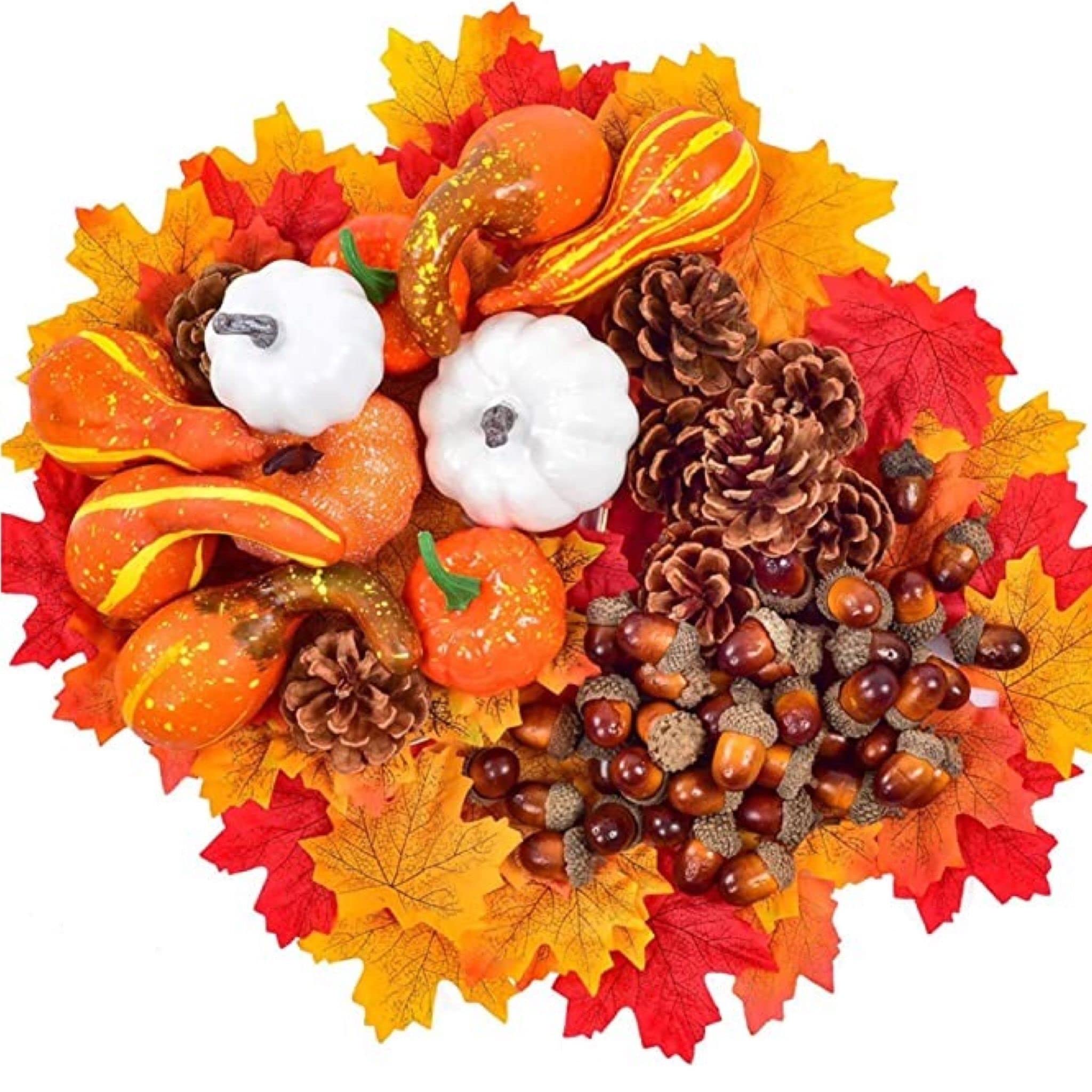 Eboutik 70 Pcs - Artificial Fake Mini Pumpkin, Berries, Maple Leaves, Pine Cones, & Acorns, Halloween, Harvest, Thanksgiving, Autumn Home Decorations – Autumn Door Wreath Craft (110 Pcs)
