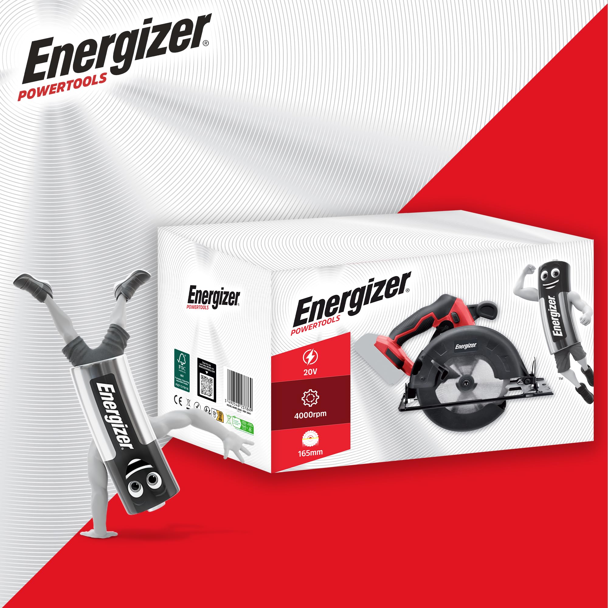 Energizer - Sierra circular a batería de 20 V (pilas incluidas) - 4000 rpm - Hoja de 165 mm/Corte hasta 45 mm (33 mm a 45°) - Guía de desplazamiento + llave de cambio + hoja para madera incluida