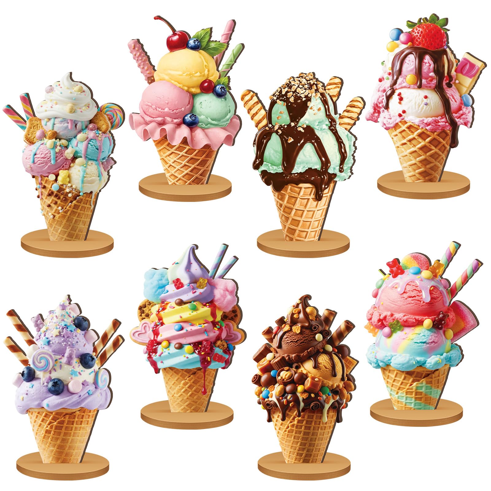 Amyhill 8 Pcs Ice Cream Cone Table Decorations Wooden Summer Centerpieces | Sundae Cone Toppers Sign with Base, Ice Cream Theme Table Decor for Summer Party Birthday Bridal Wedding Dessert Buffet