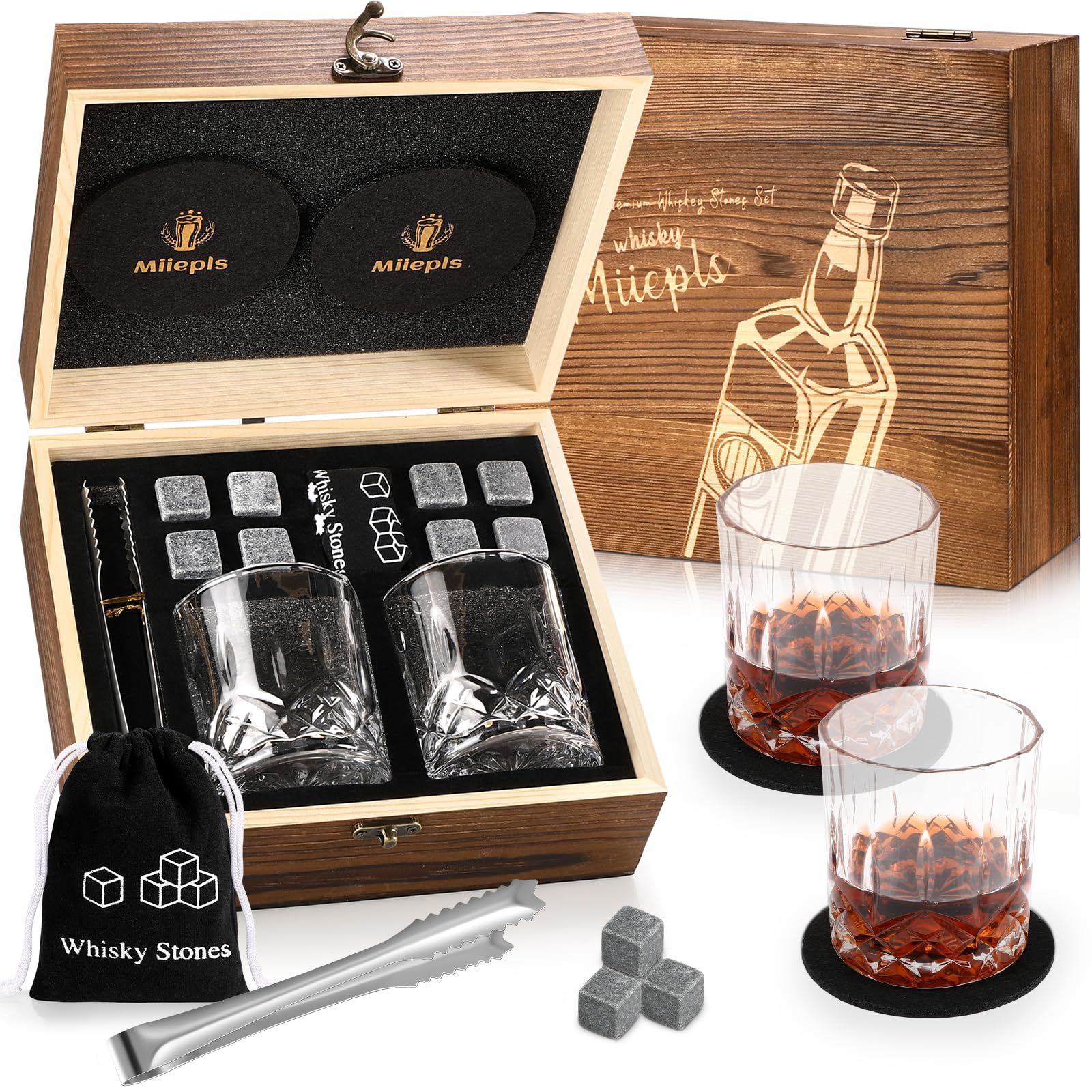 Whisky, Whisky Gläser Set, Whisky Steine Geschenkset, 8 Whiskey Steine & 2 Twisted Whisky Gläser & 2 Untersetzer, Geschenke für Männer