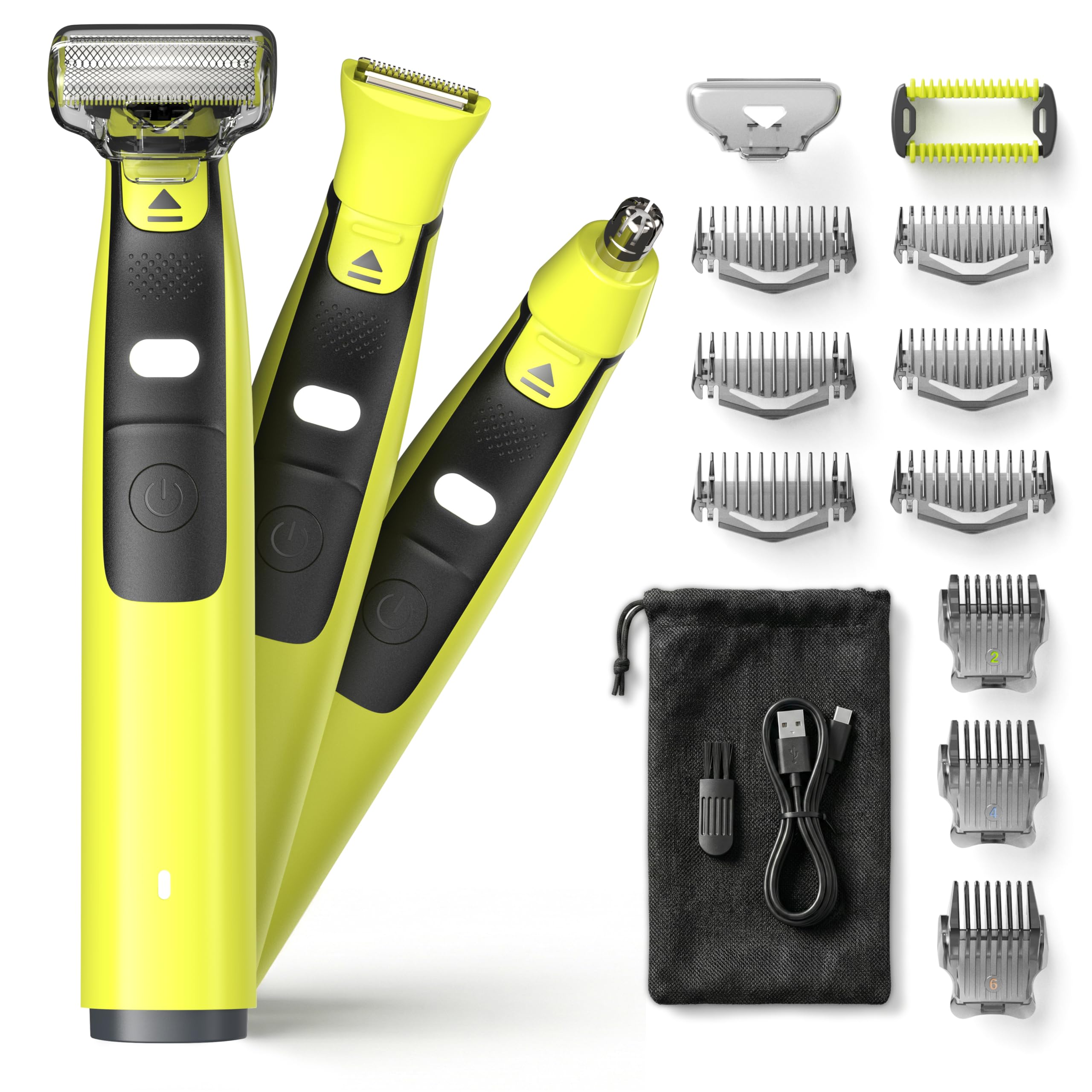 Kit de aseo 3 en 1 para hombre, afeitadora eléctrica con luz LED, recargable por USB-C, IPX6 para cuerpo húmedo/seco, cabezal recortador de nariz, cabezal recortador de detalles, peines guía de 1 a 6