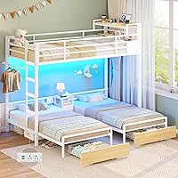 Mojiasion Triple Twin Bunk Bed with Storage Drawers, LED Lights, Charging Station & Guardrails - White Metal Frame for Kids Teens