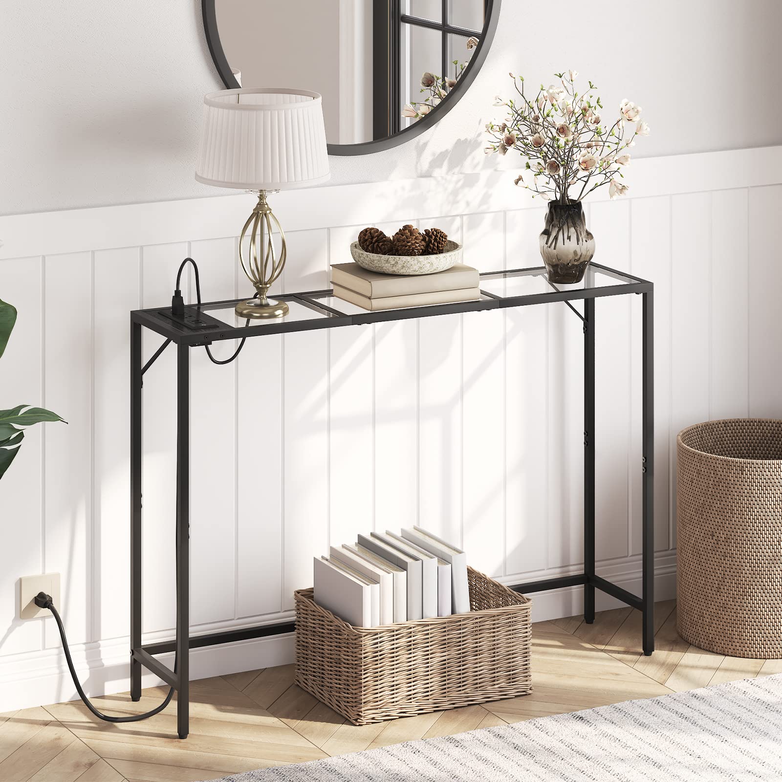 MAHANCRIS Console Table with Outlets, Tempered Glass Sofa Table, Modern Open Hallway Table, Narrow Console Table, Couch Table, Simple Style, Entryway Table for Living Room, Foyer, Black CTH101D01