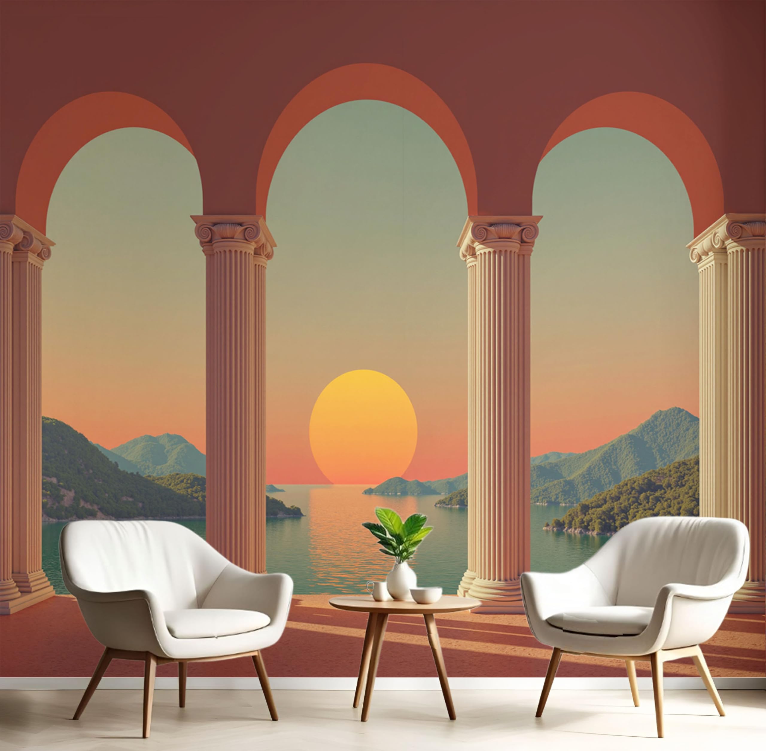 Papier peint panoramique vue sur l'océan orange ambré 250x175cm pour décoration salon