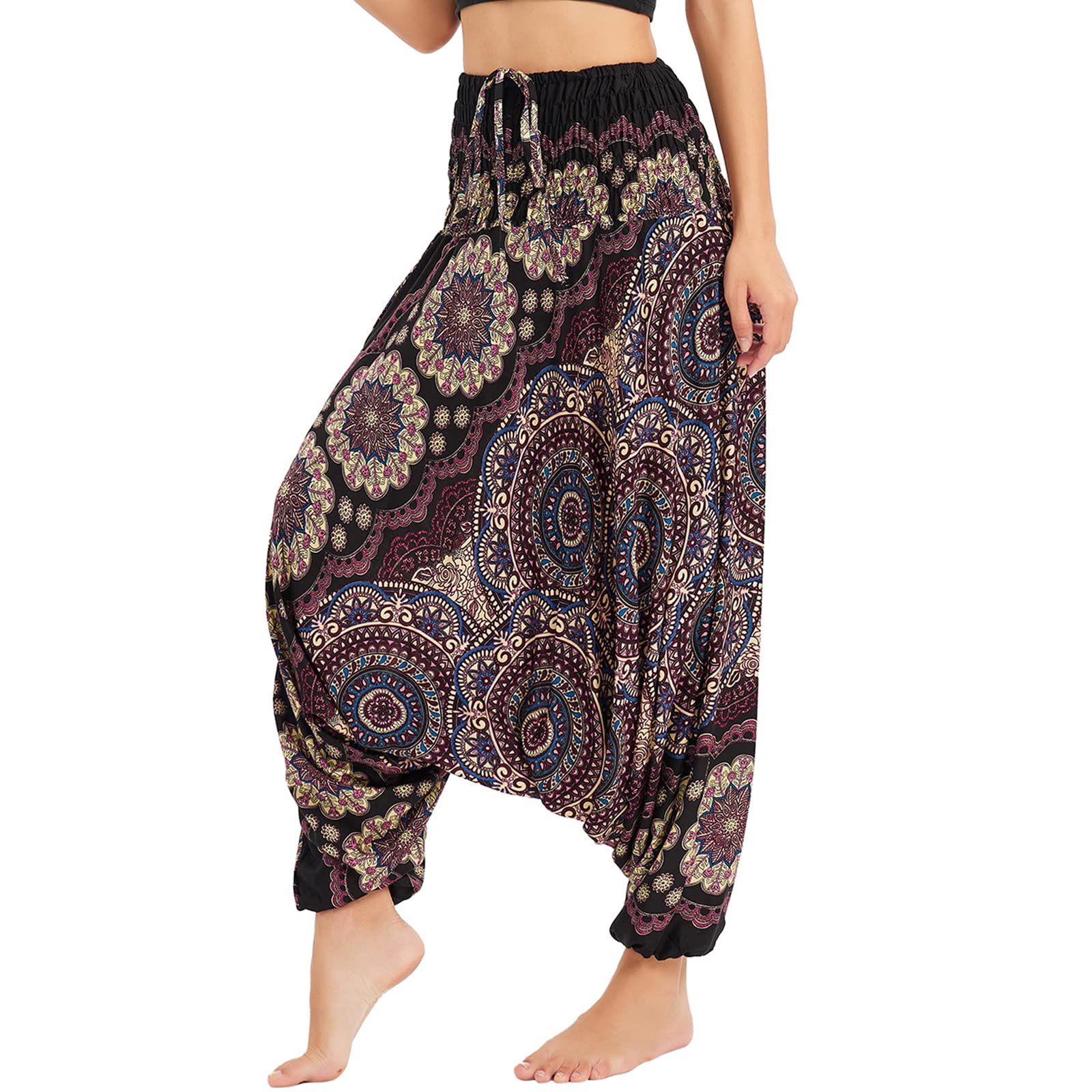 Dames harem/vissersbroek, gedessineerde off-shoulder jumpsuit, wijde romper, hoge taille comfortabele broek voor zomer, strand, Rozen Zwart, one size