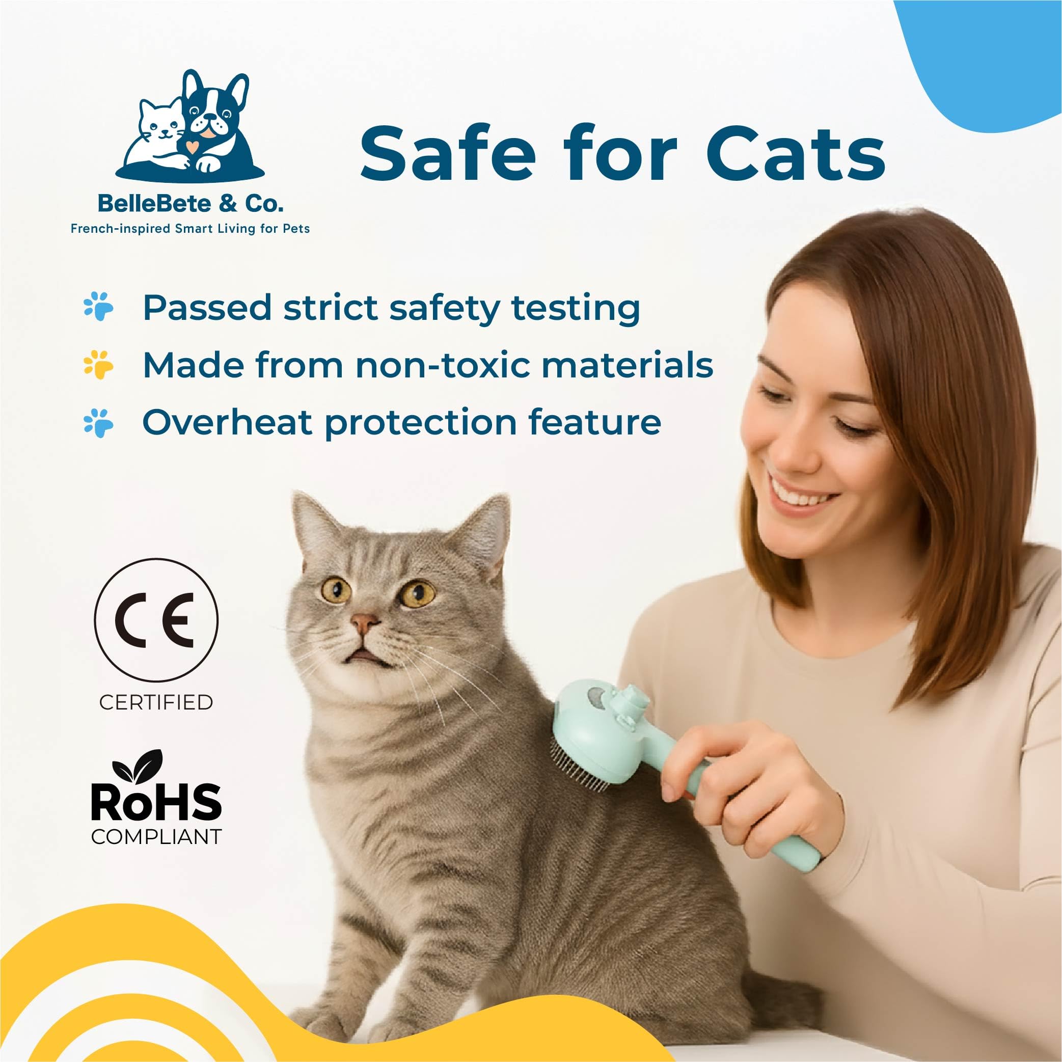 BelleBête & Co. Cepillo de vapor para mascotas para perros y gatos, herramienta de aseo y desprendimiento de pelo de mascotas con un solo clic, fácil de limpiar, carga USB, acondicionamiento sin