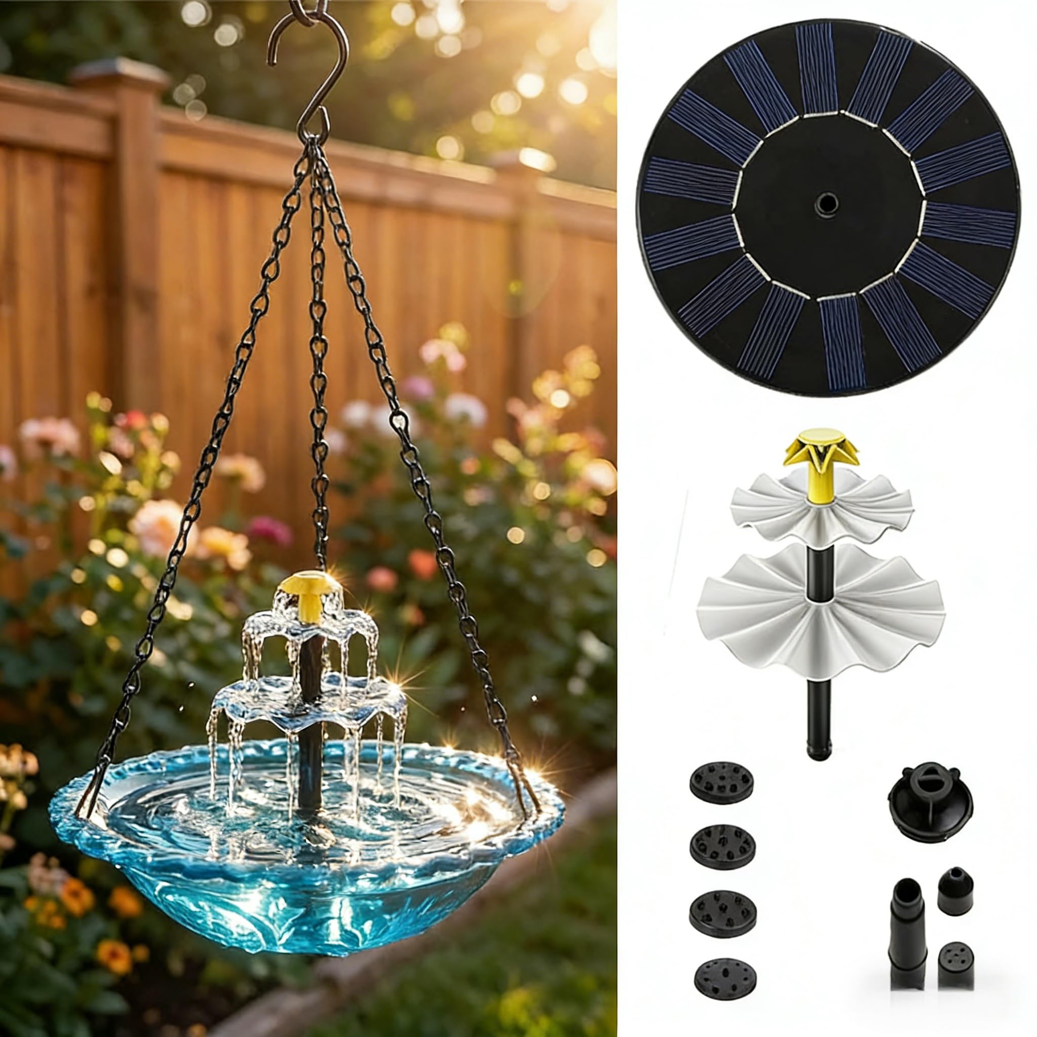 Solar Cascade Hanging Bird Bath Fountain - 9 Water Outlets for Soothing Stream Sound - Solar Powered Birdbath with 12" Large Bowl for Outdoor Garden Yard Decor & Hummingbird Attraction (Blue) — view 3