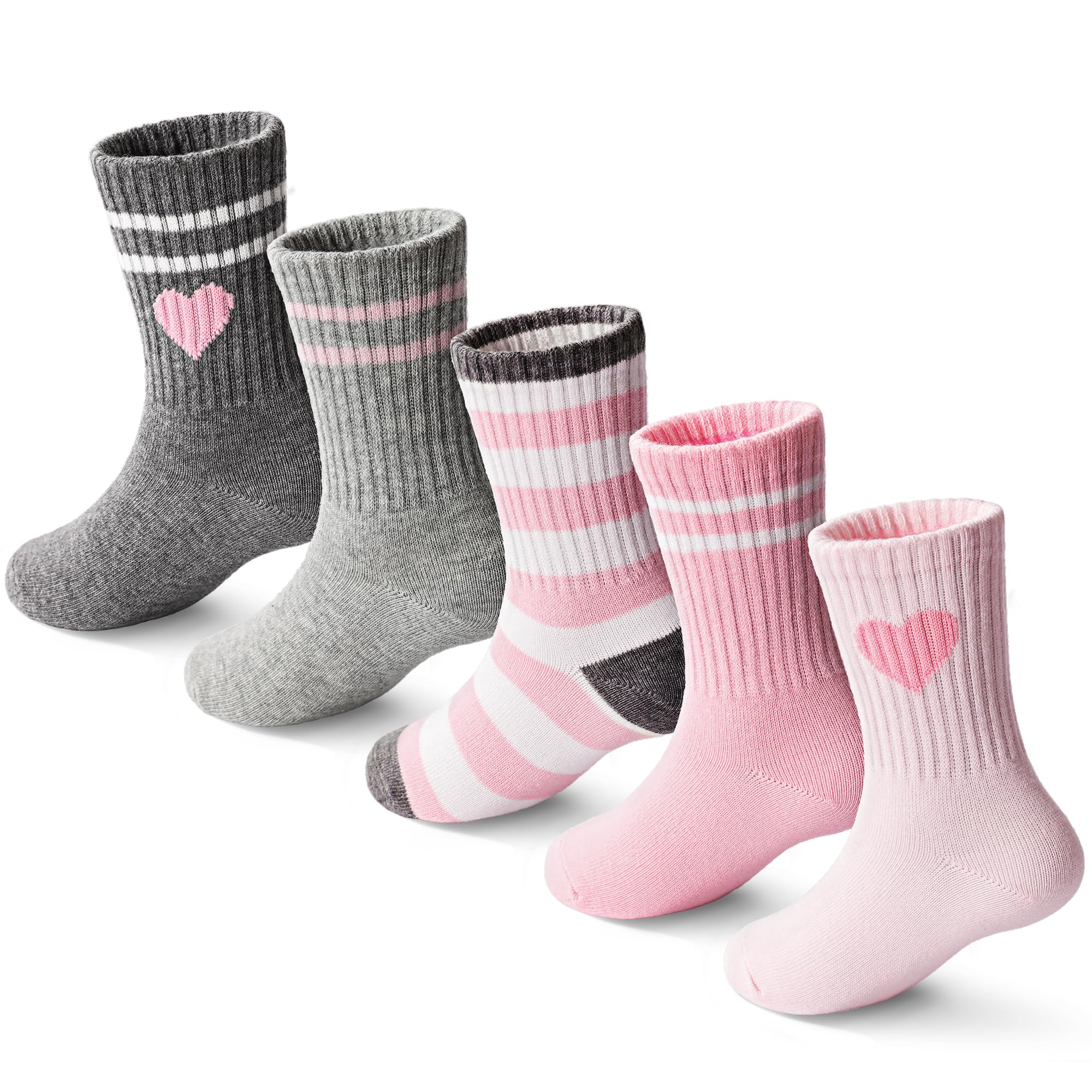 Girls Socks Kids Cotton Socks Pink Crew Athletic Socks with Hearts &amp; Stripes 5 Pairs