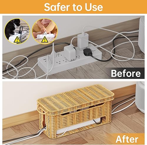 Miniatura 4 de NiHome Paquete de 3 cajas de gestión de cables de ratán para mantener los cables organizados en el hogar y la oficina, caja organizadora de cables