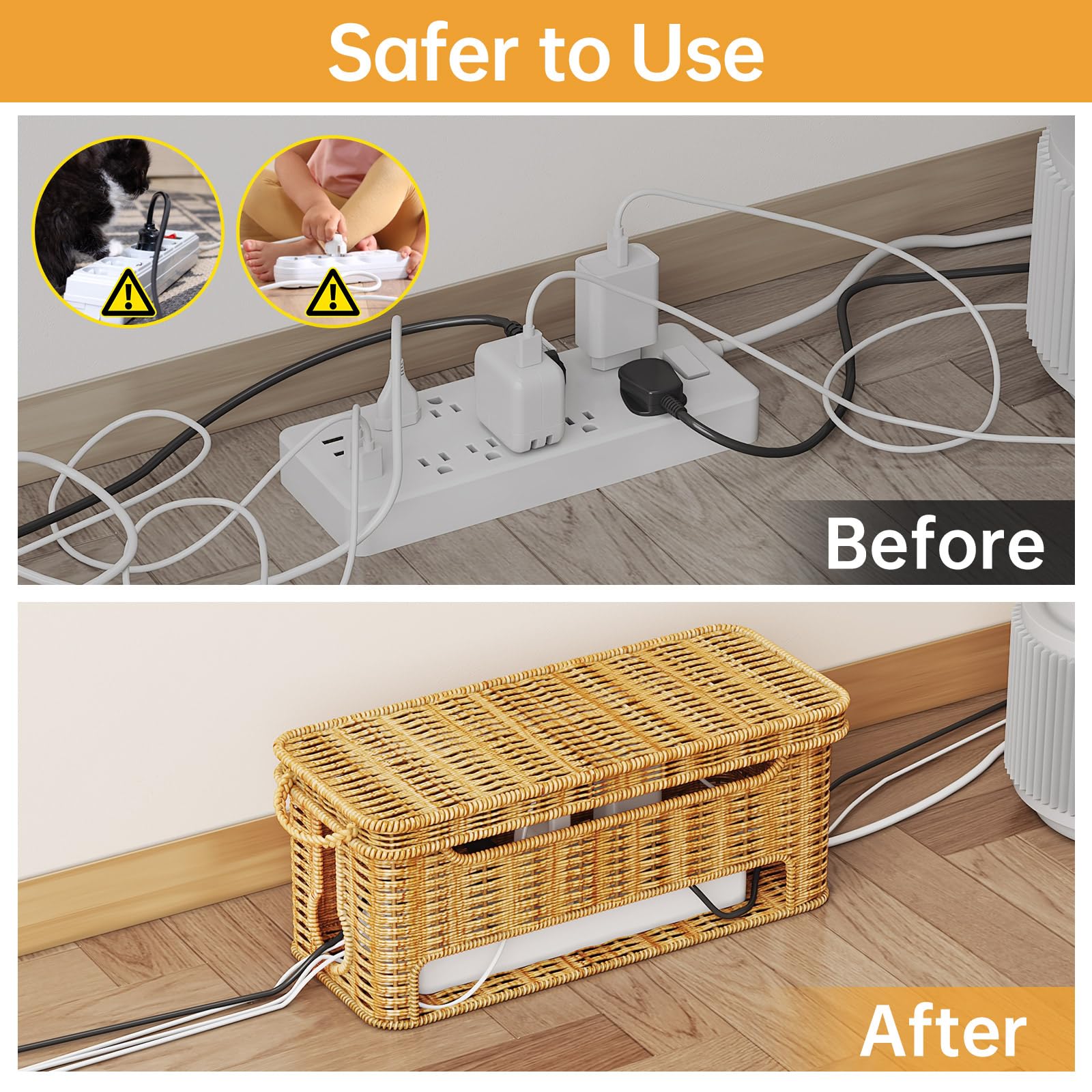 NiHome 3-Pack Rattan Cable Management Boxes to Keep Cords Organized in Home and Office - Image 4
