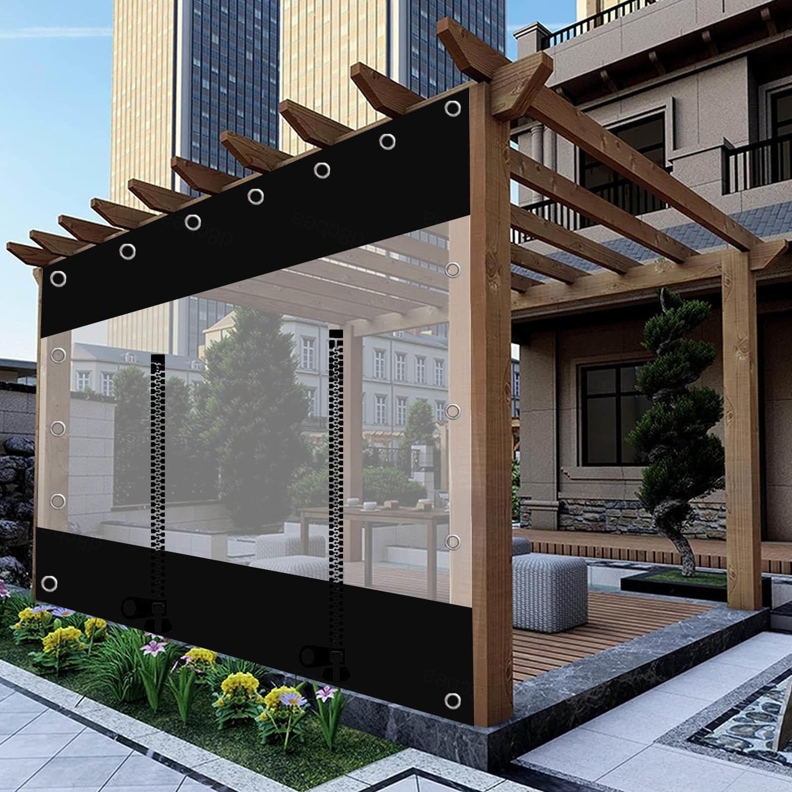 Outdoor Clear Tarp Curtains With Zip Door,Heavy Duty Pvc Black Transparent Tarpaulin,Pergola Patio Gazebo Porch Waterproof Tarpaulin Side Panels,Rain Curtains,Customisable,W×H-1.5×3.3m(4.9*1.8ft)