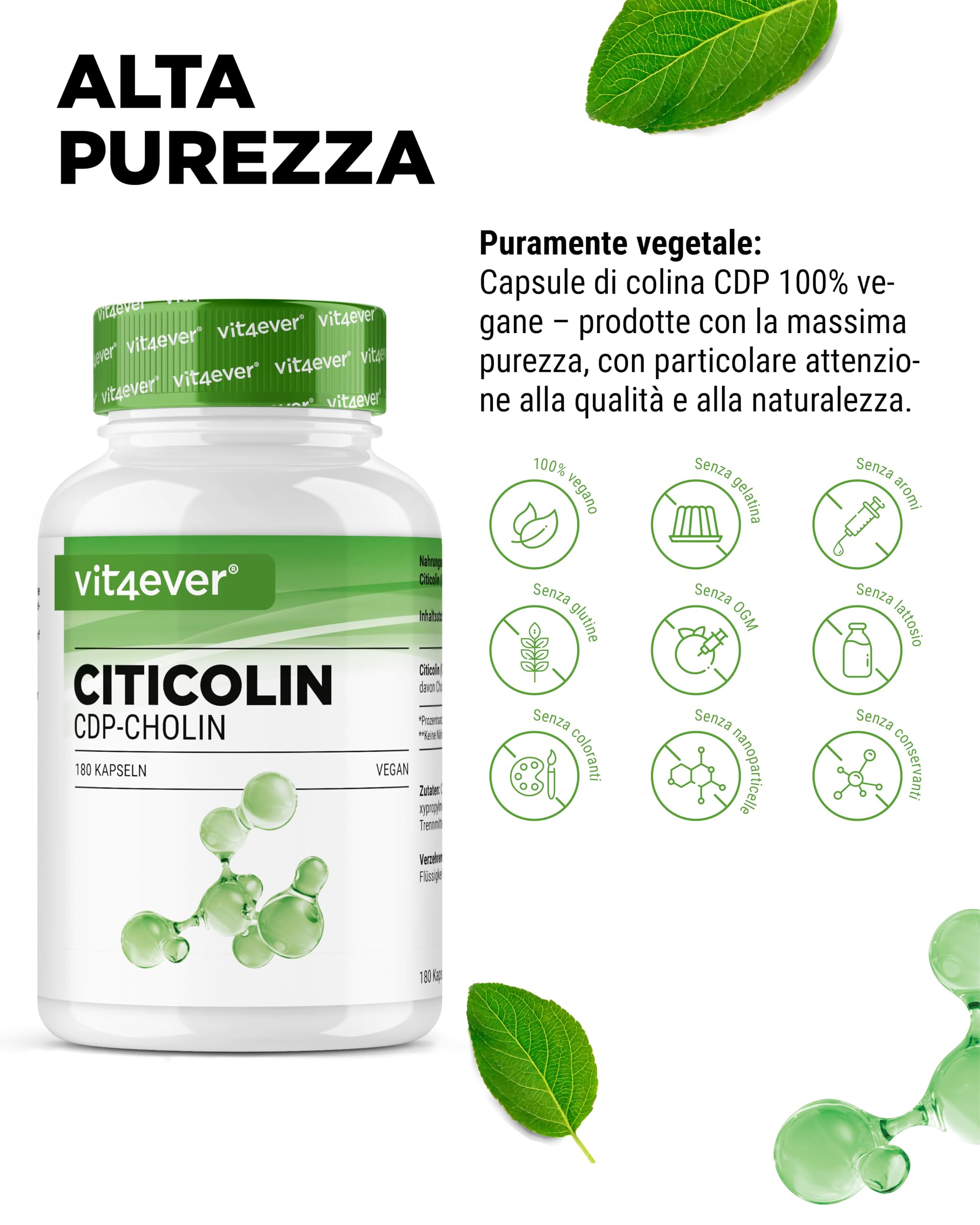 vit4ever CDP Choline (Citicoline) 250 mg - 180 Gélules - Hautement Dosé et Forme Bioactive de Choline - Vegan, sans additifs inutiles
