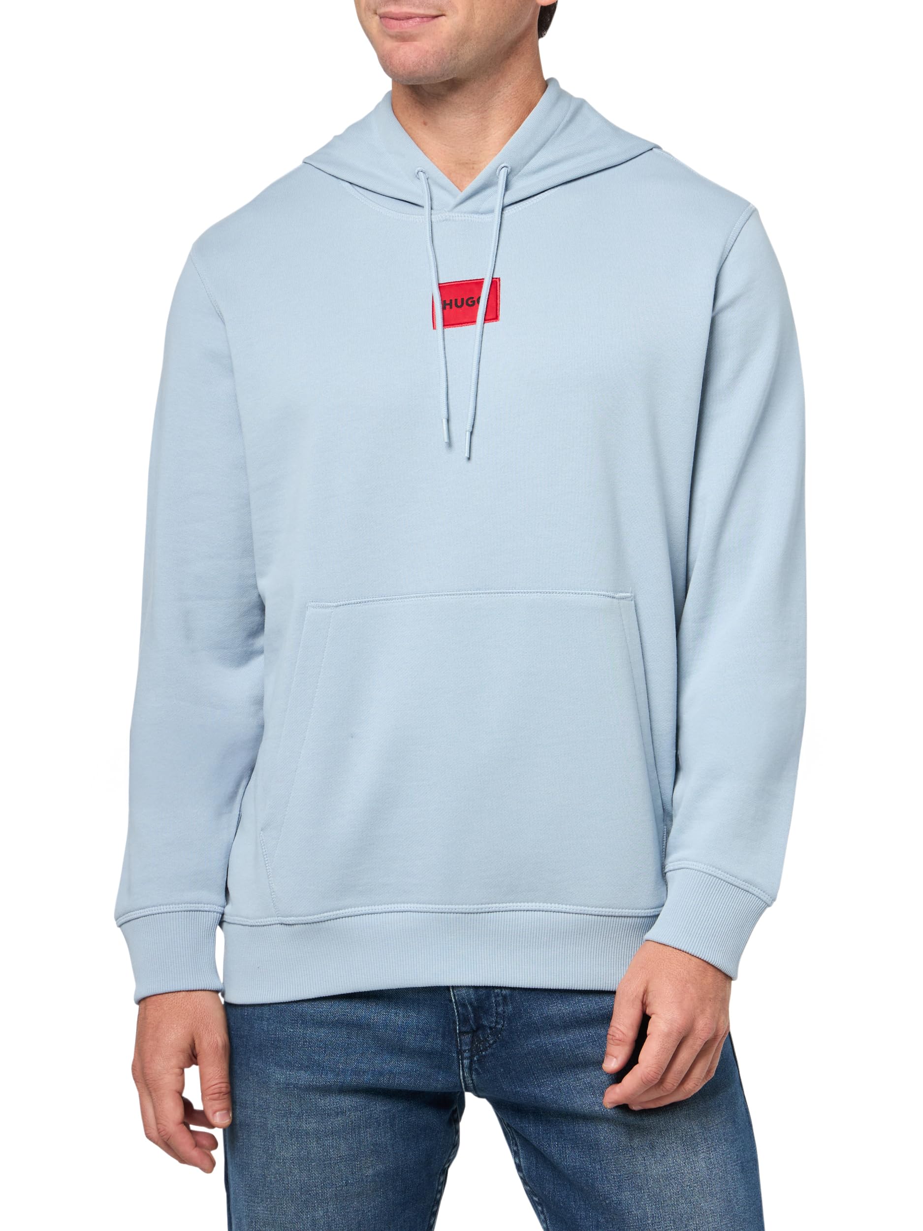 HUGO Men's Regular Fit Square Logo Jersey Hooded Sweatshirt, Dust Blue, M