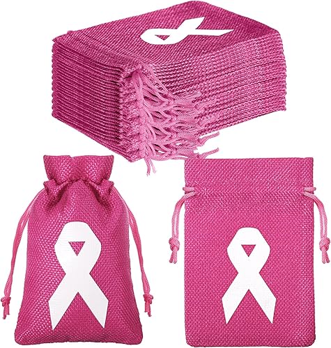 24 bolsas de arpillera de lino para concientización sobre el cáncer de mama, bolsas de regalo de arpillera de cinta rosa para suministros de fiesta