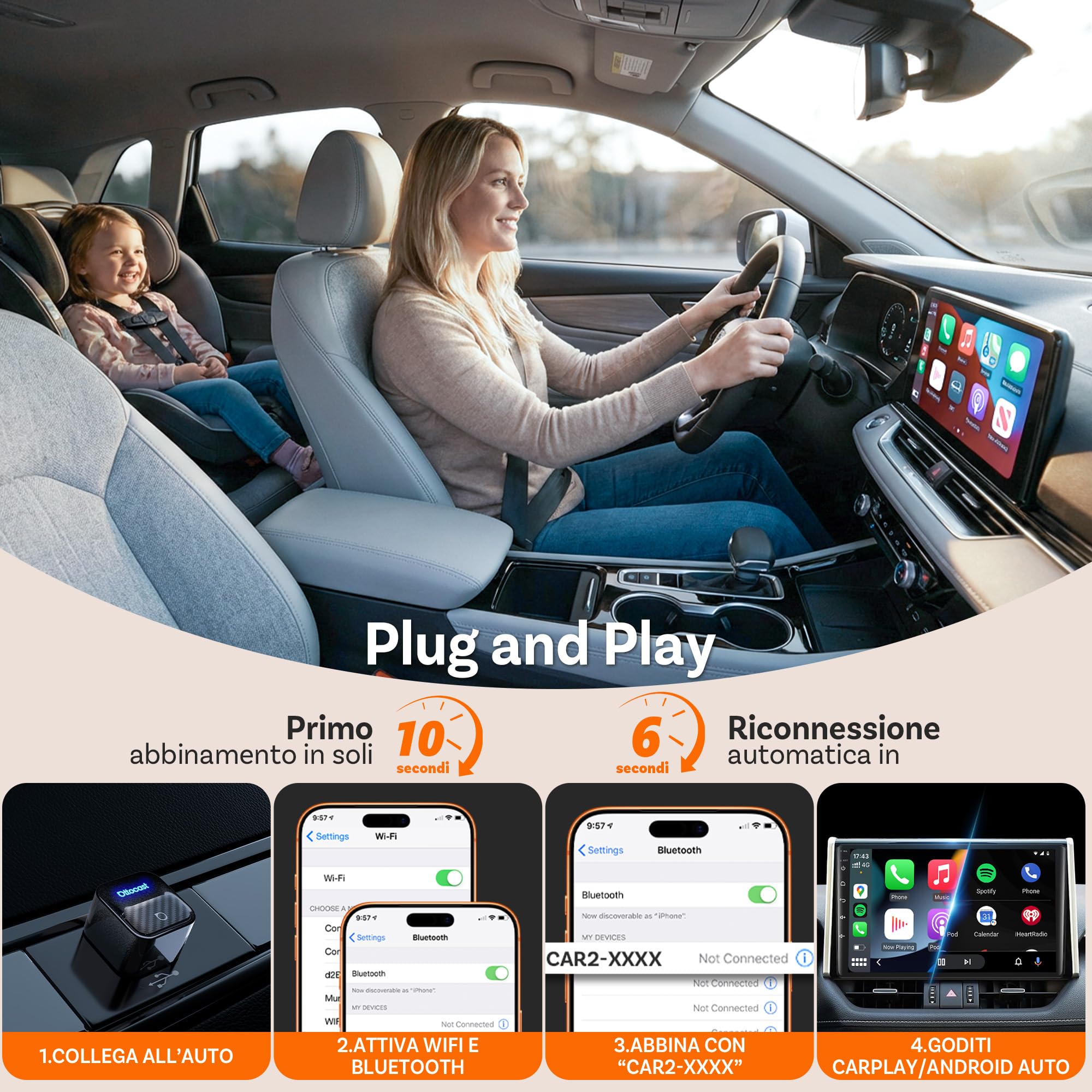 Ottocast Mini Core 2026 Adattatore CarPlay Wireless & Android Auto, Plug & Play, Cambio telefono con un tasto, WiFi 6 + BT 5.4, Riconnessione automatica, Per iPhone 6+ (iOS 10+) e Android 11+