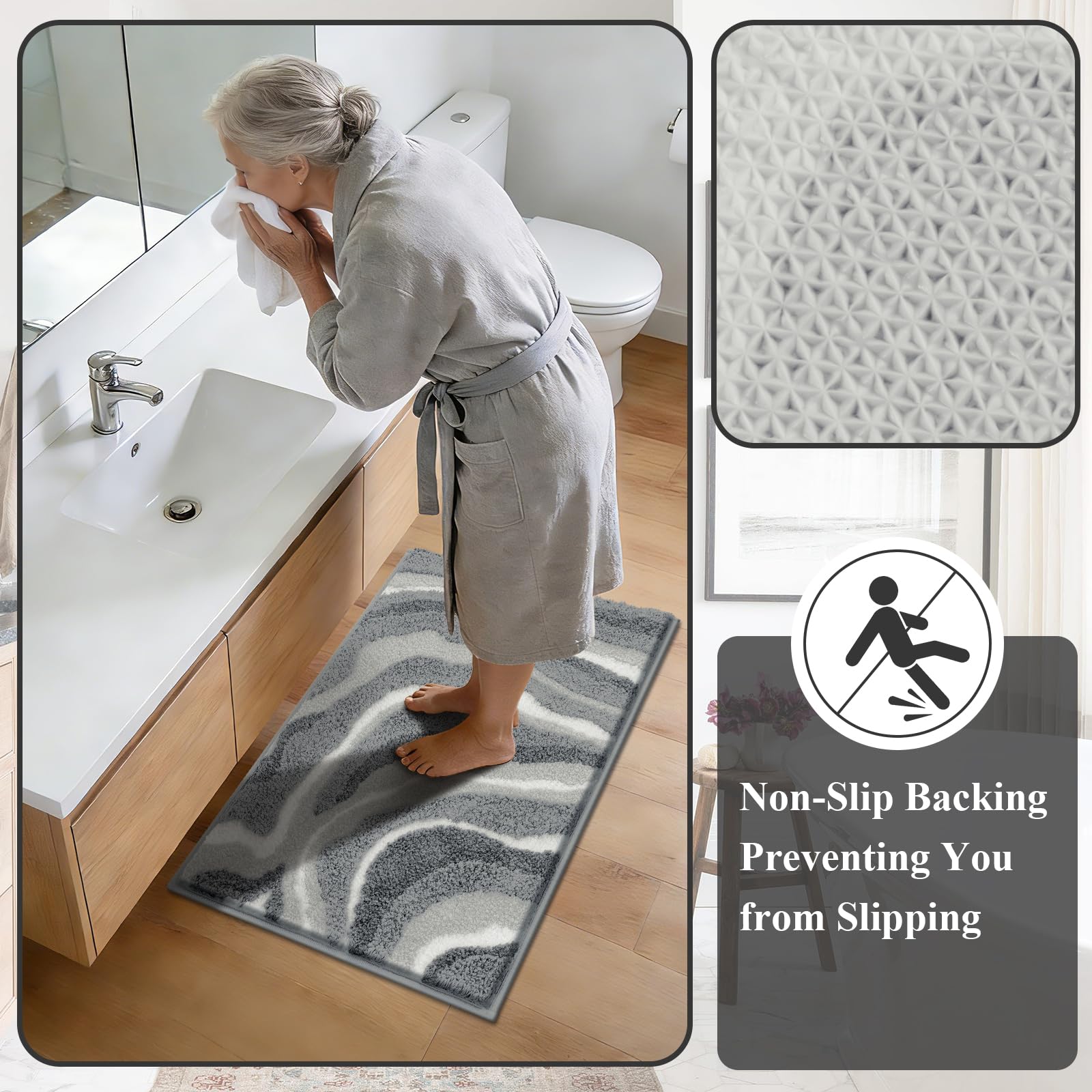 Enyhom Juego de 3 Alfombrillas de Baño Antideslizante, Alfombra Baño de Microfibra Super Absorbente Lujosos, Tapete Casa de Banho Suave y Cómoda, Lavables a Máquina, Alfombras para Baño, Aseo, Gris