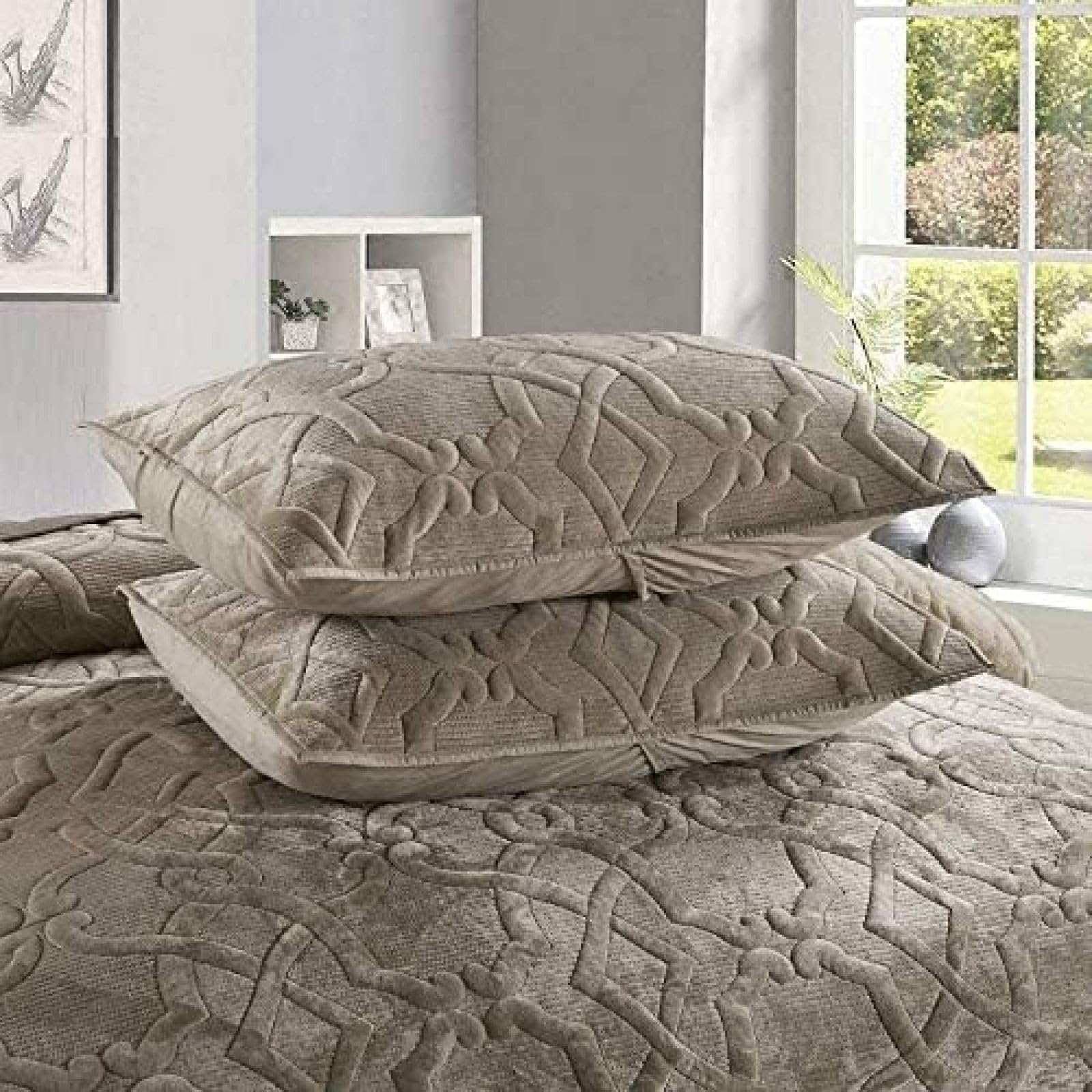 3-teilige Gesteppte Tagesdecke, Samt-Tagesdecke, Baumwollfutter, Decke, 100% Dekoration, Steppbett-Set, Groß,Braun,224X234+2X51X71CM,Picturesque234