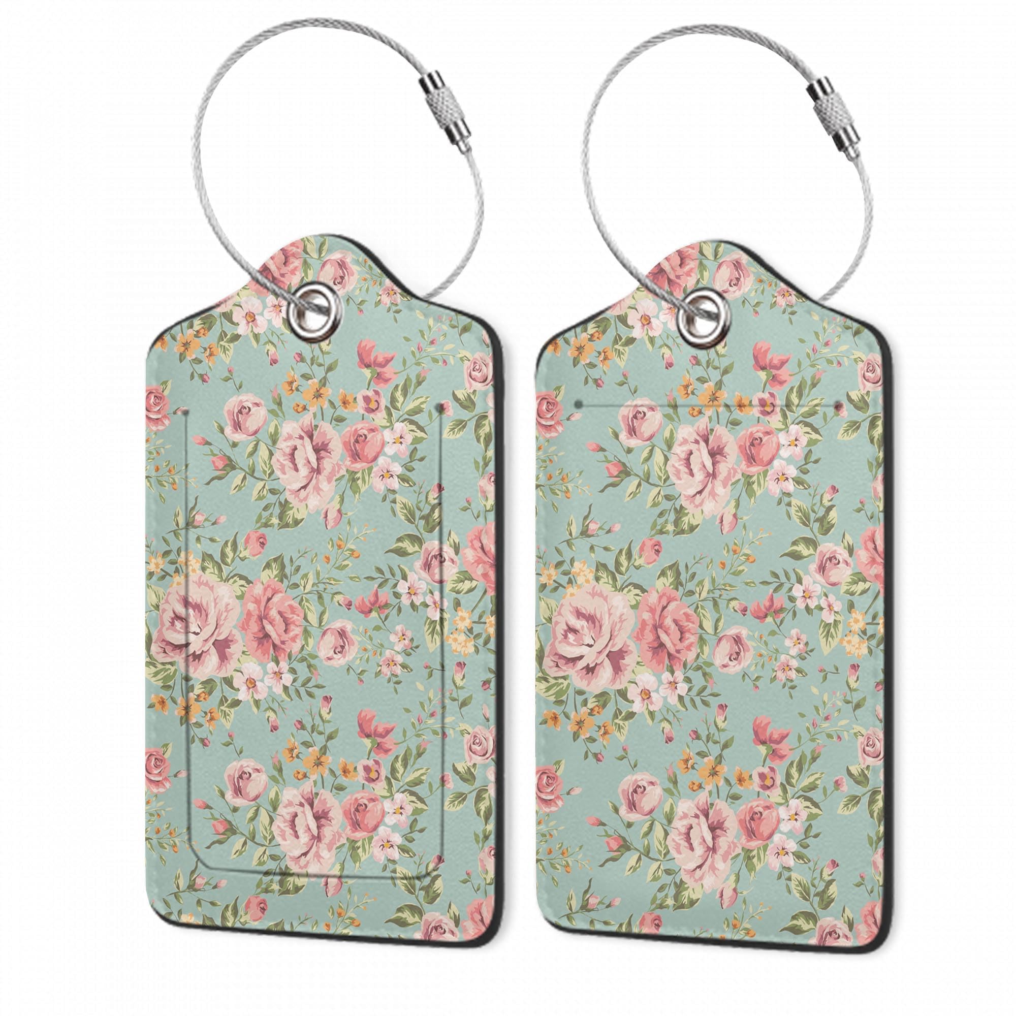 2Pcs Luggage Tag for Suitcase Vintage Floral Shabby Chic Pink Rose Cute Suitcase Tag with Privacy Flap & Name ID Label & Metal Loop,Travel Bag Luggage