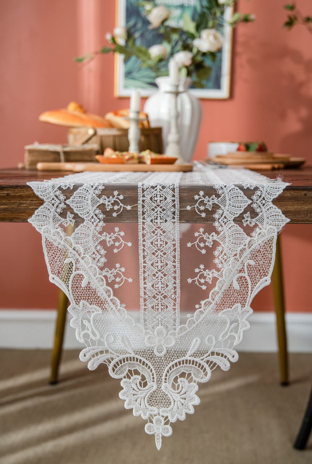 Table Runner Blanc Brodé pour Fête et Décoration de Mariage Champêtre 35x180cm