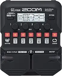 Pedal processador multiefeitos para guitarra Zoom G1 Four, com mais de 60 efeitos embutidos, modelagem de amplificador, e mais