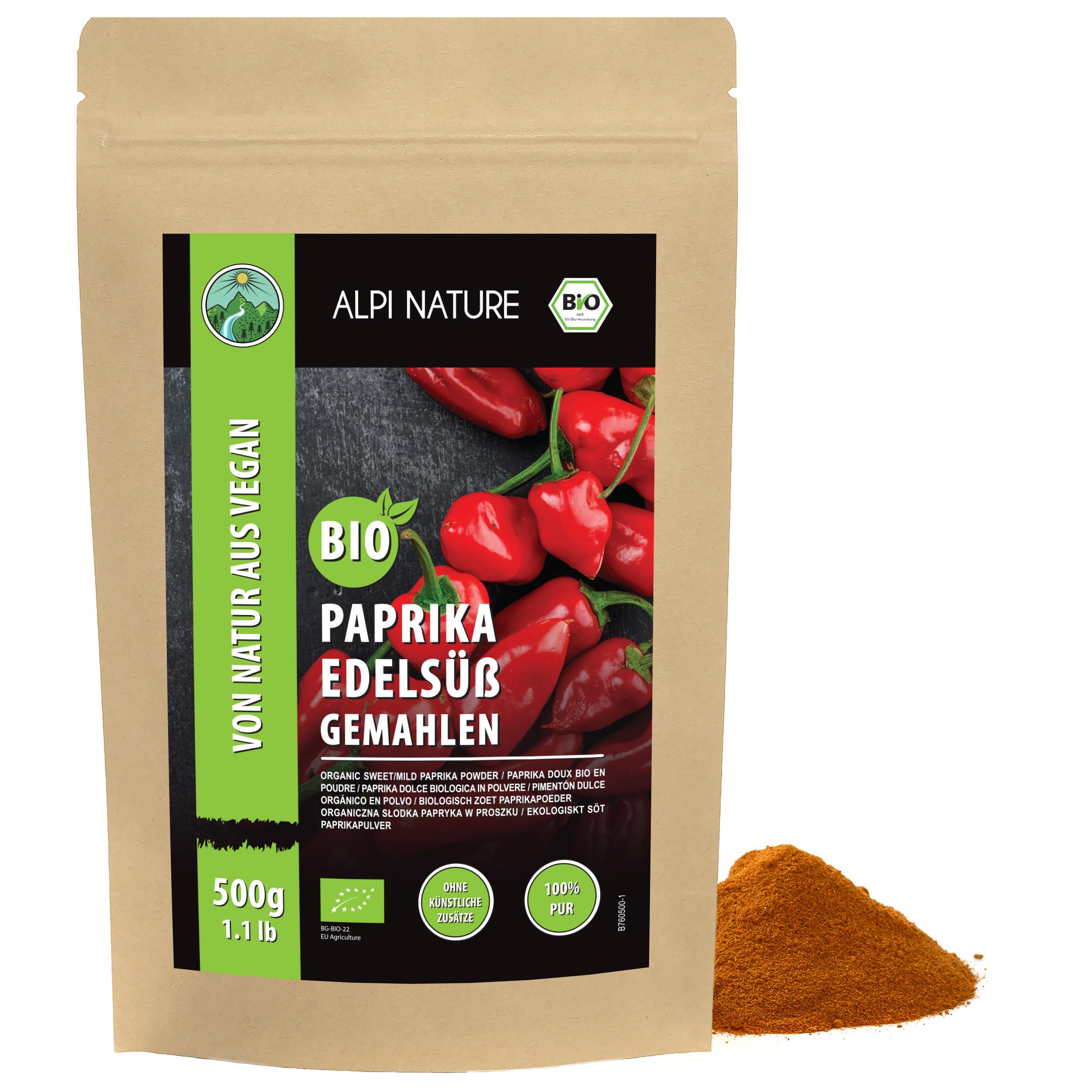 Alpi Nature Pimentón Dulce Orgánico 500g, Pimientos Rojos Dulces Molidos, Pimentón Molido en Polvo
