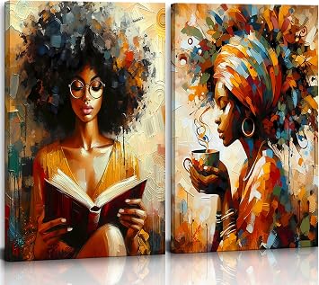 Black Woman Wall Art Modern Abstract African American Girl Book Reading Canvas Wall Decor Girl With Coffee Paintings Prints Posters for Bedroom Living Room Gallery Home DecorationFramed,1624 Inch