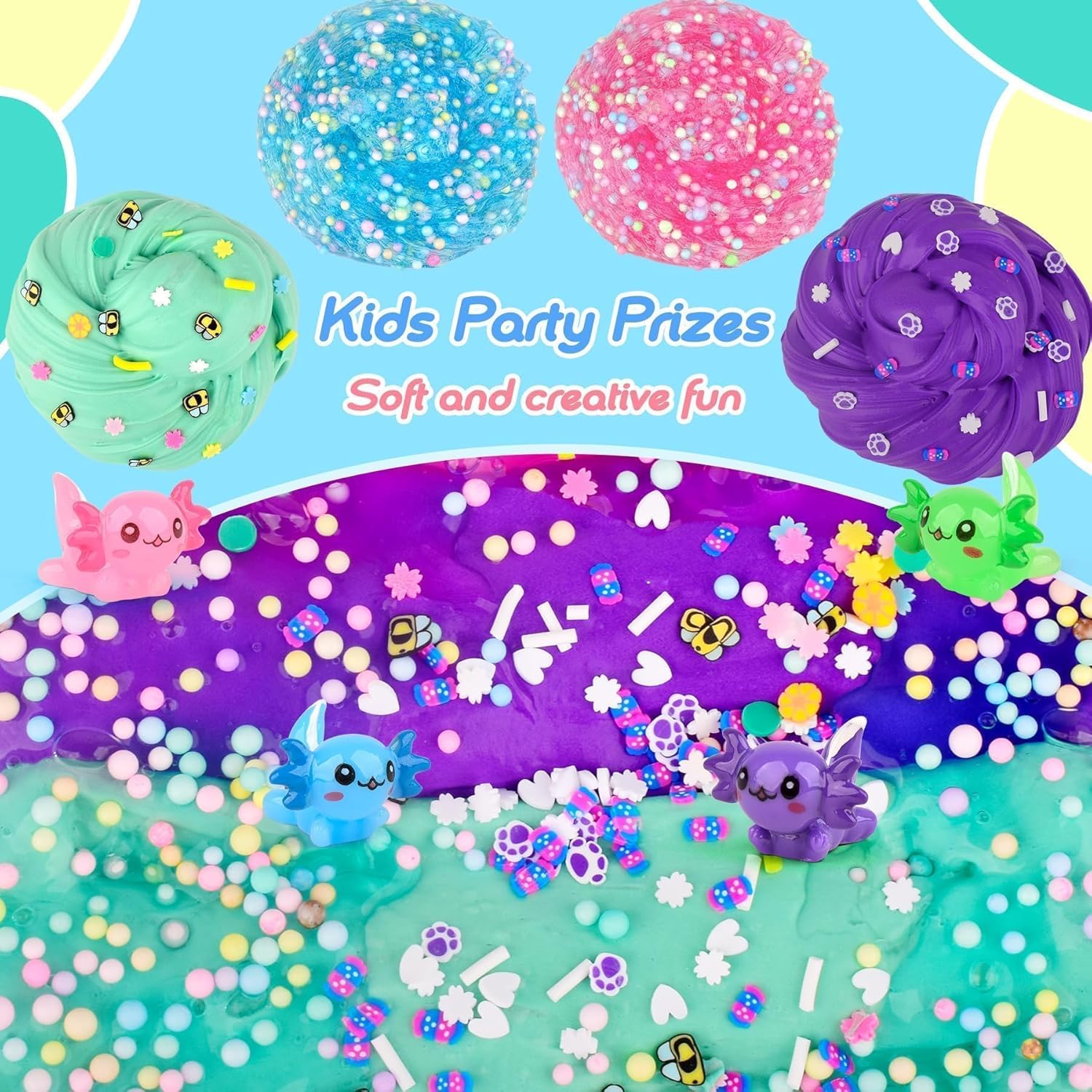 4 Pack Axolotl Slime Kit, Butter & Clear, Slime Party Favors for Kids with Axolotl Charms, Soft and Stretchy, Pink Blue Purple Green Slime for Girls & Boys 4-12