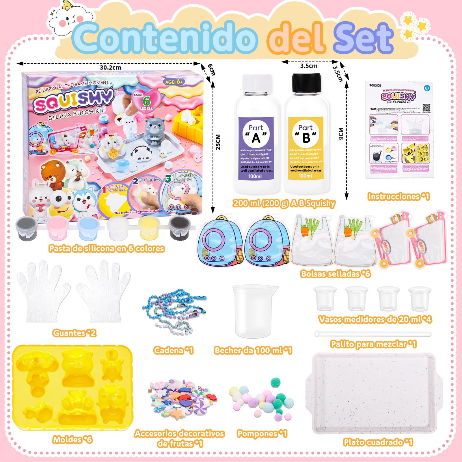 VBACALA 24 piezas Taba Squishy Kit DIY con 6 Taba Squishy Animales,100g de Silicona AB Mezcla 1:1 Crea Gatitos,Hámsters,Perros,Tortugas,Patos,Pandas Squishy,Regalo DIY Antiestrés para Niños y Adultos