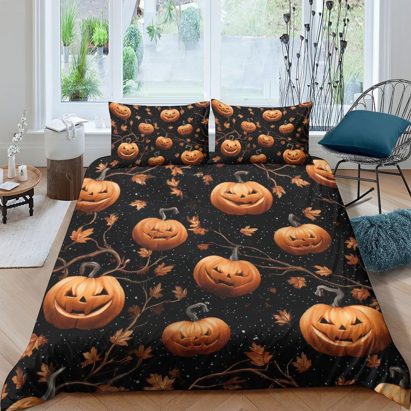 Ctjqhvkz Style-4 3D Printed Halloween Pumpkin Fitted Sheet Microfiber Soft Breathable Autumn Leaves Bed Cover For Bedroom Dorm Decor Single（135X200cm）