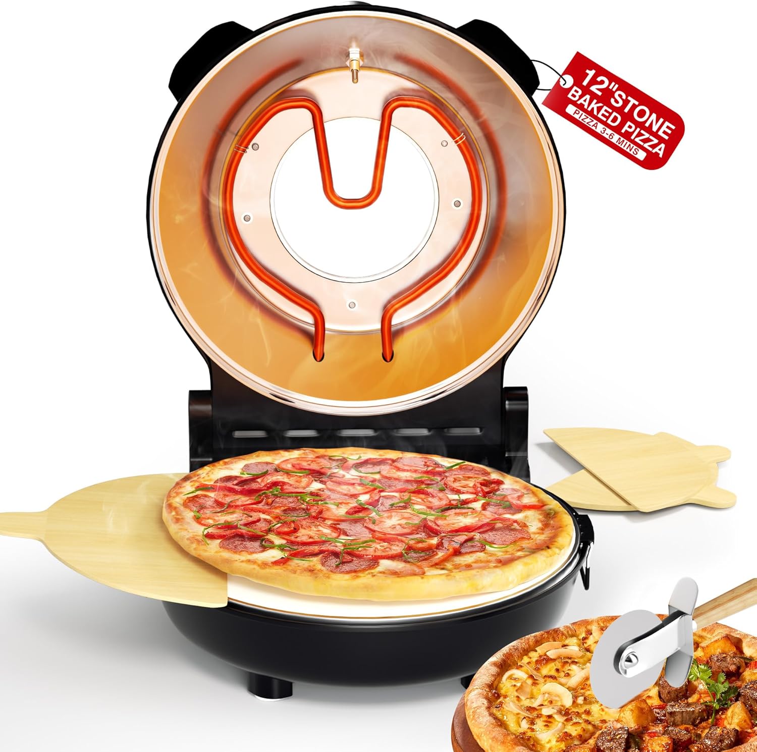 PYY Pizza Oven Indoor 12 Inch Electric Pizza Oven Countertop Heats up to 800? with Pizza Stone Viewing Window Thermometer Table Top Pizza Cooker Portable Pizza Maker Machine for Home Patio RV Dorm