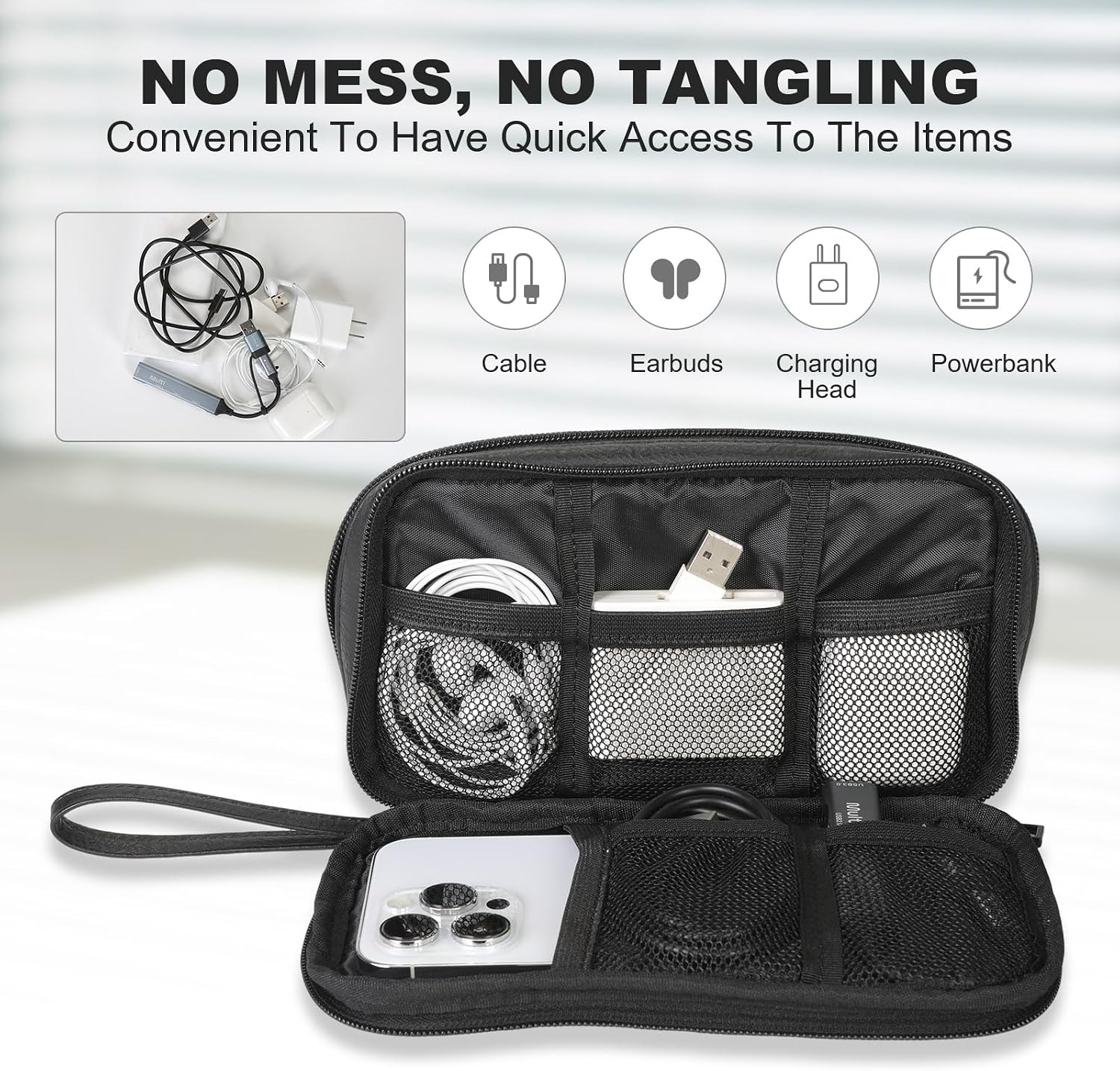 Travel Cable Organizer Bag, Electronic Accessories Carry Pouch, Portable Waterproof Double Layers All-in-One Storage Bag for Cord, Charger, Phone, Earphone (Black, Small)